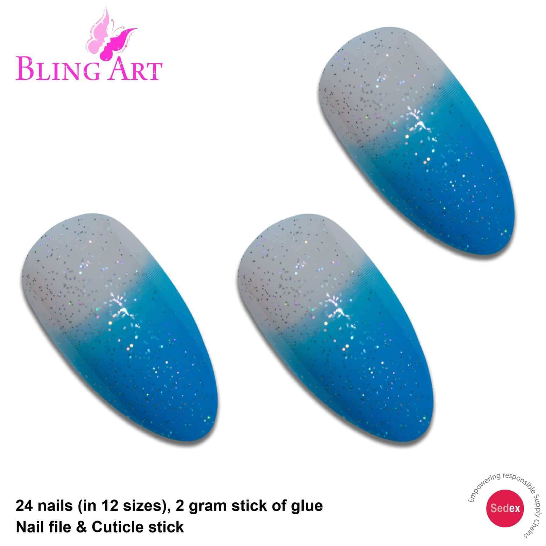 False Nails by Bling Art Blue Gel Glitter 24 Almond Stiletto Long Fake Tips Glue