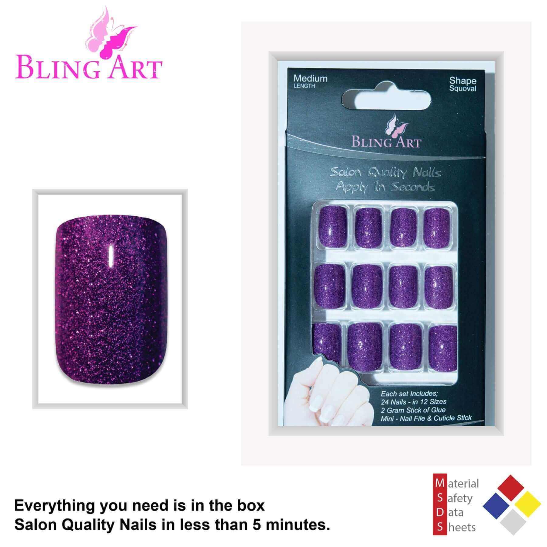 Multipack - False Nails by Bling Art Purple Gel French Manicure Fake Medium Tips with Glue