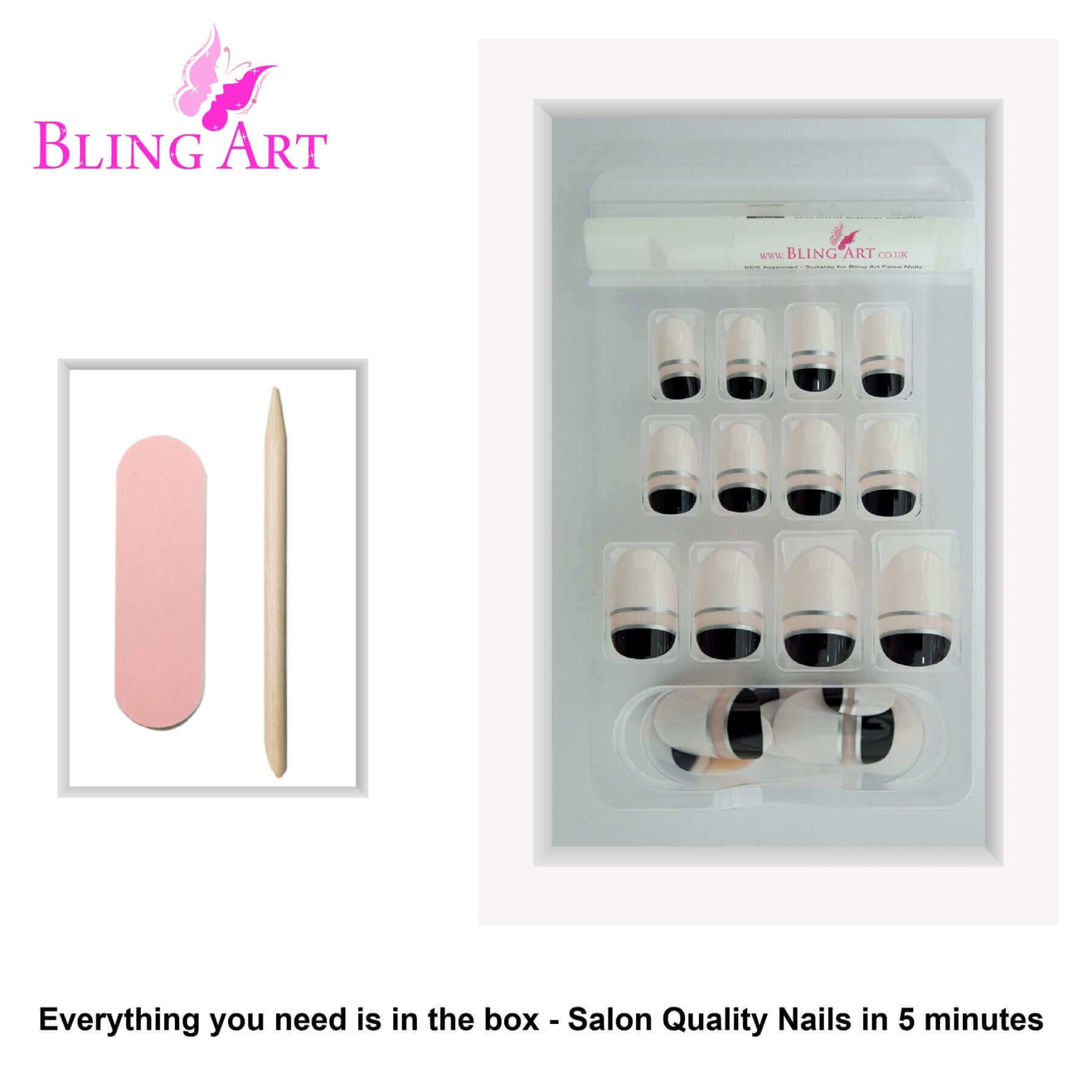 False Nails by Bling Art Black White Glossy Oval Medium Fake 24 Acrylic Nail Tips