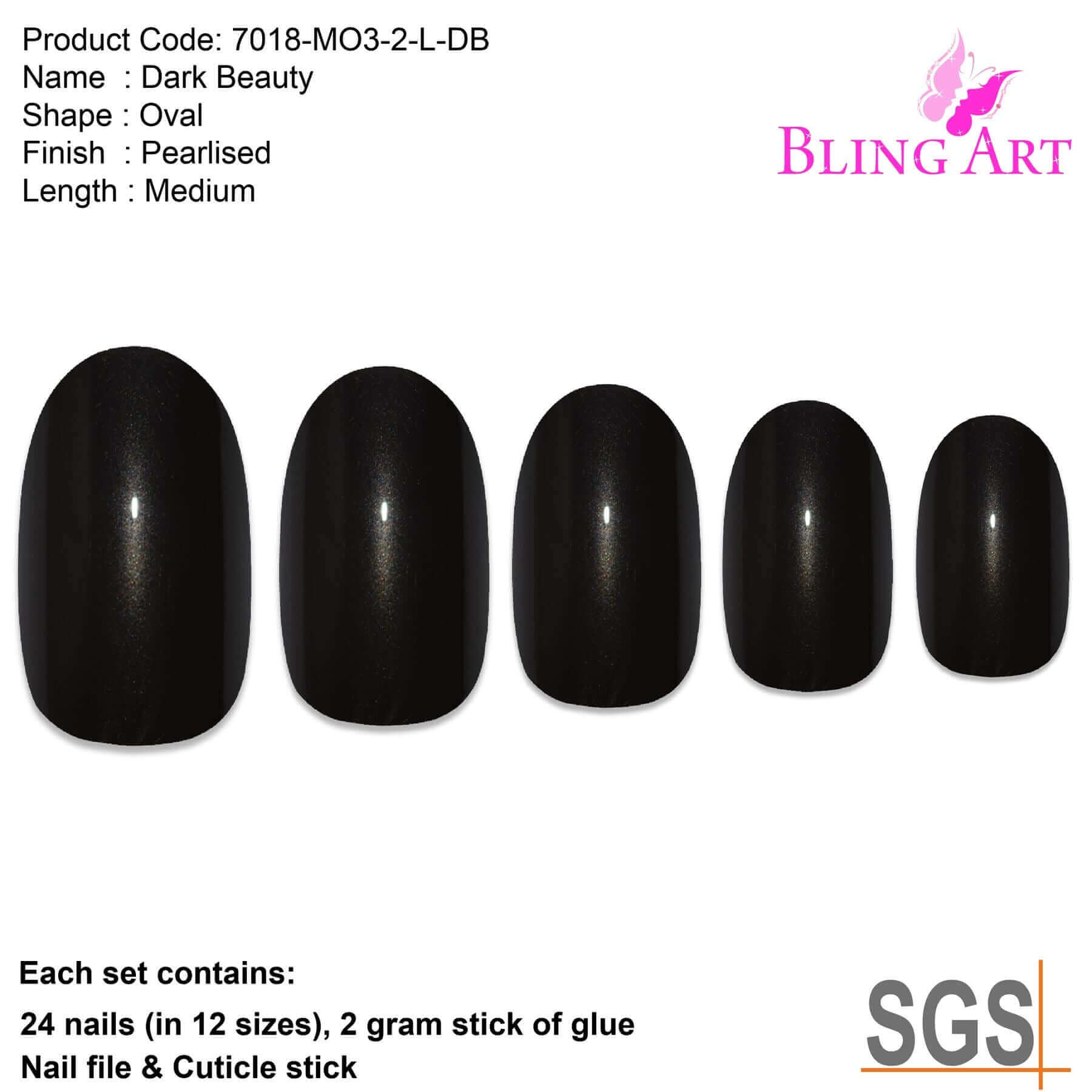 False Nails by Bling Art Black Glitter Oval Medium Fake Acrylic 24 Tips with Glue
