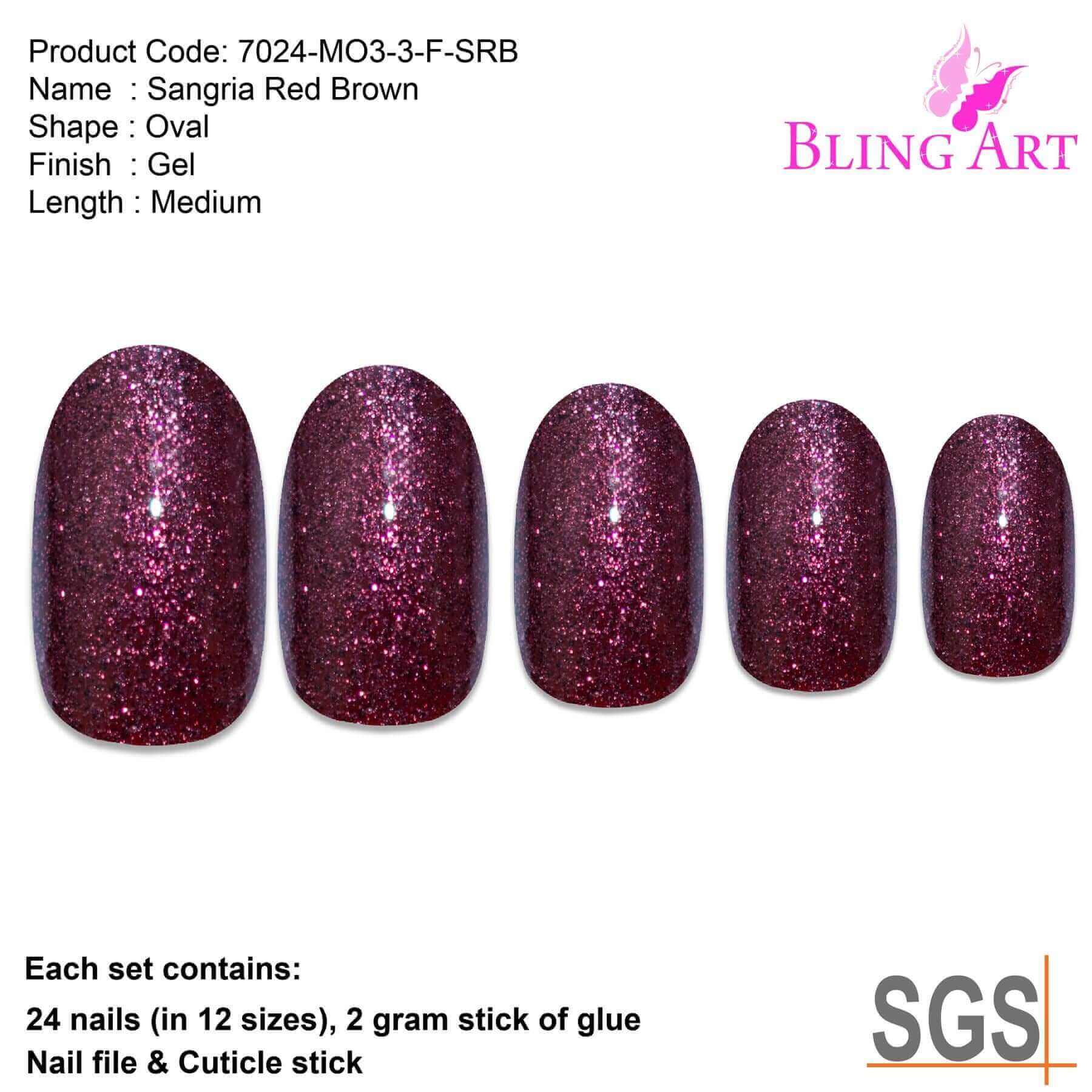 Multipack - False Nails by Bling Art Red Brown Gel Oval Medium  Acrylic Tips with Glue