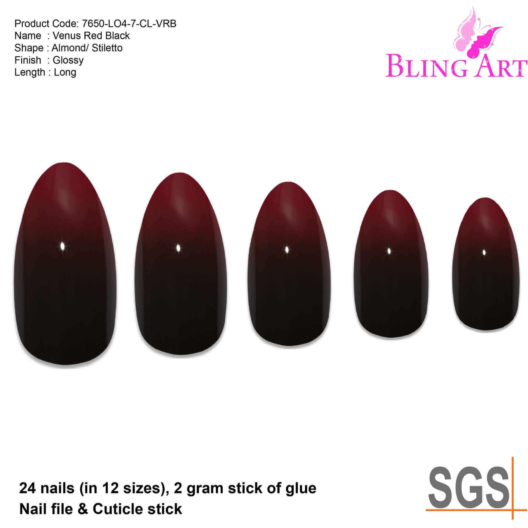 Multipack - False Nails by Bling Art Red Black Almond Stiletto Acrylic 24 Fake Long Tips
