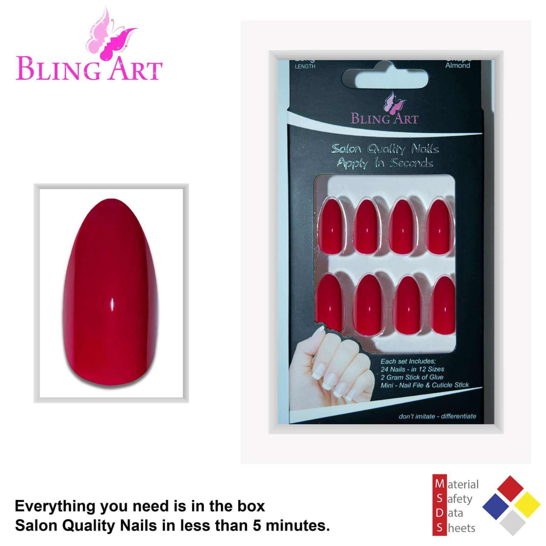 Multipack - False Nails Bling Art Red Polished Almond Stiletto Long Fake Acrylic Tips & Glue
