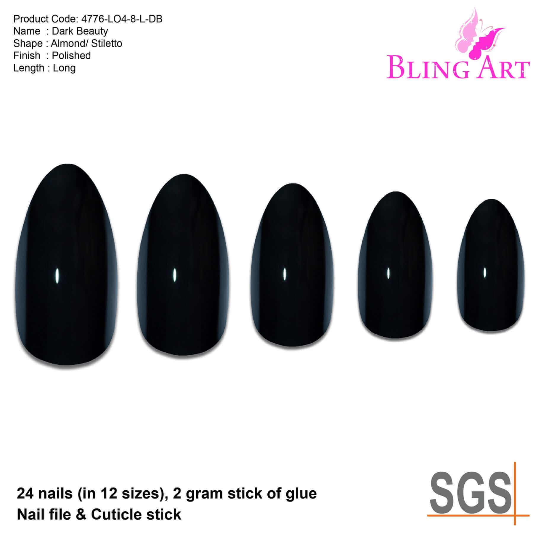 False Nails Bling Art Black Polished Almond Stiletto Long Fake Acrylic Tips Glue