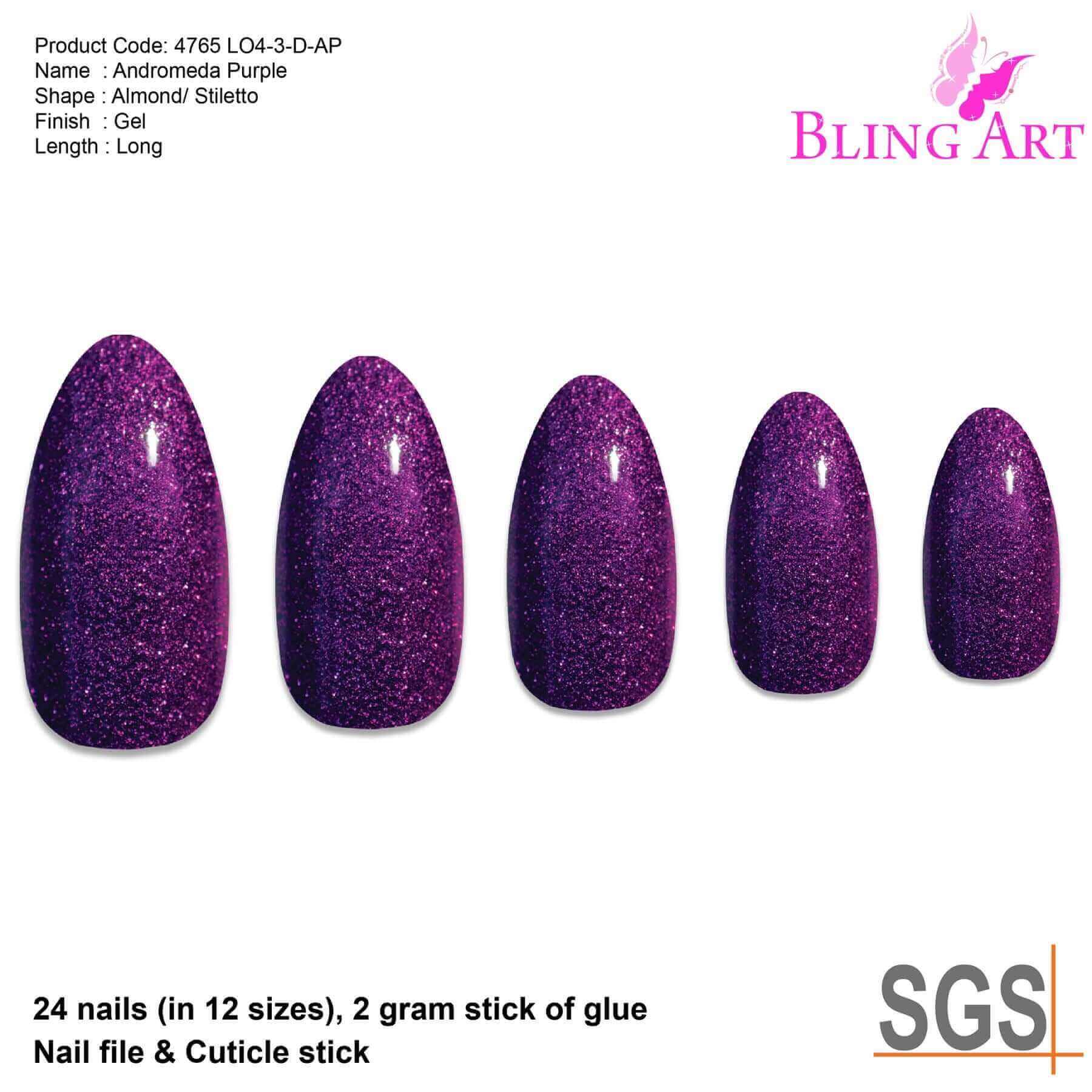 Multipack - False Nails Bling Art Purple Gel Almond Stiletto Long Fake Acrylic Tips and Glue
