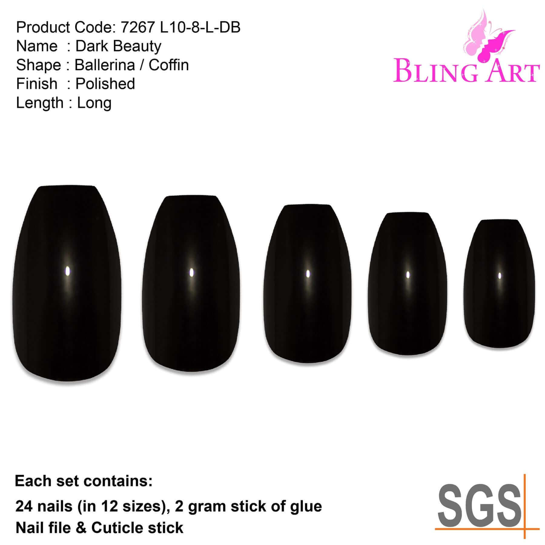 False Nails Bling Art Black Polished Ballerina Coffin Long Acrylic Fake Tips