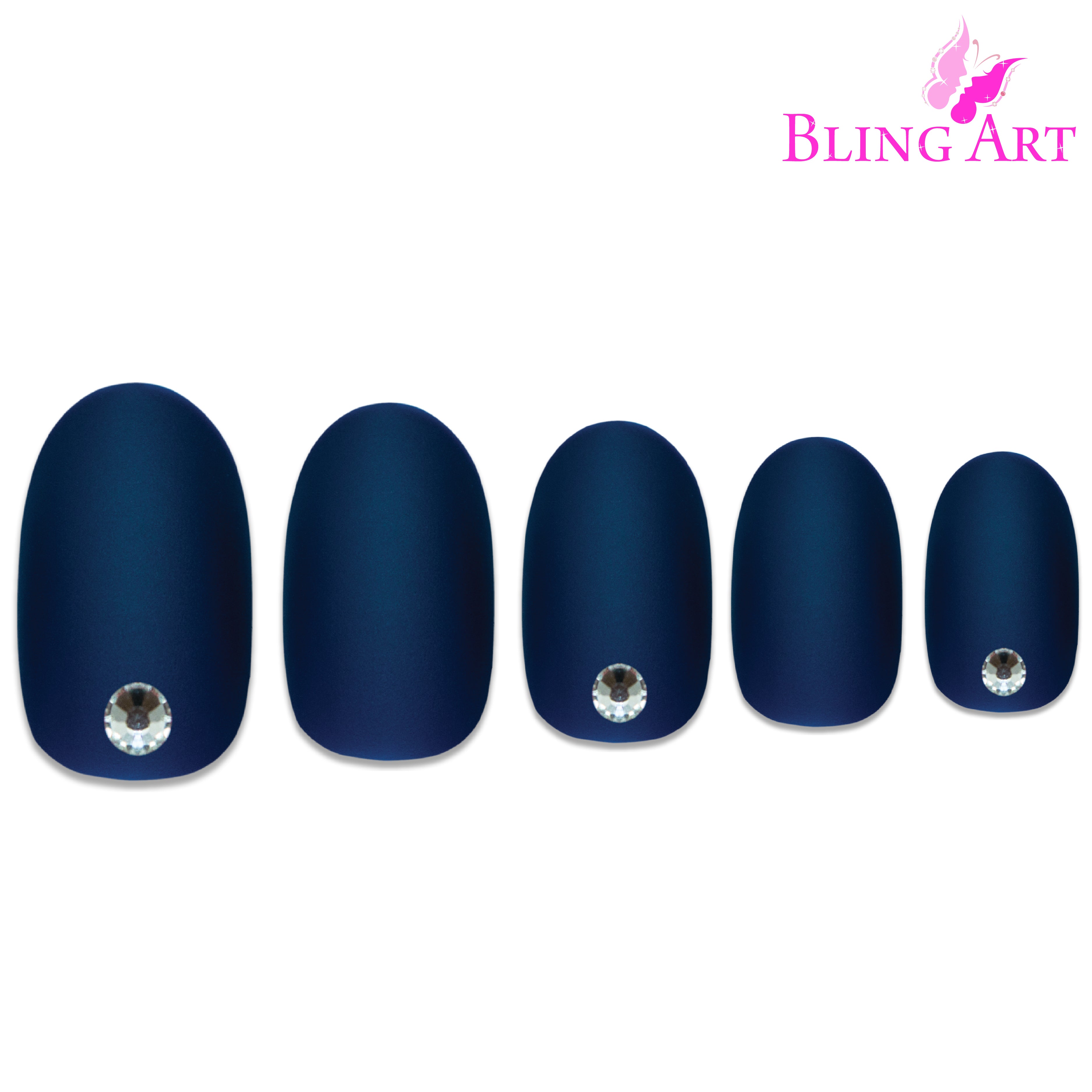 Blue matte oval press-on nails by Bling Art — alternative angle revealing the bond line on the oval shape.