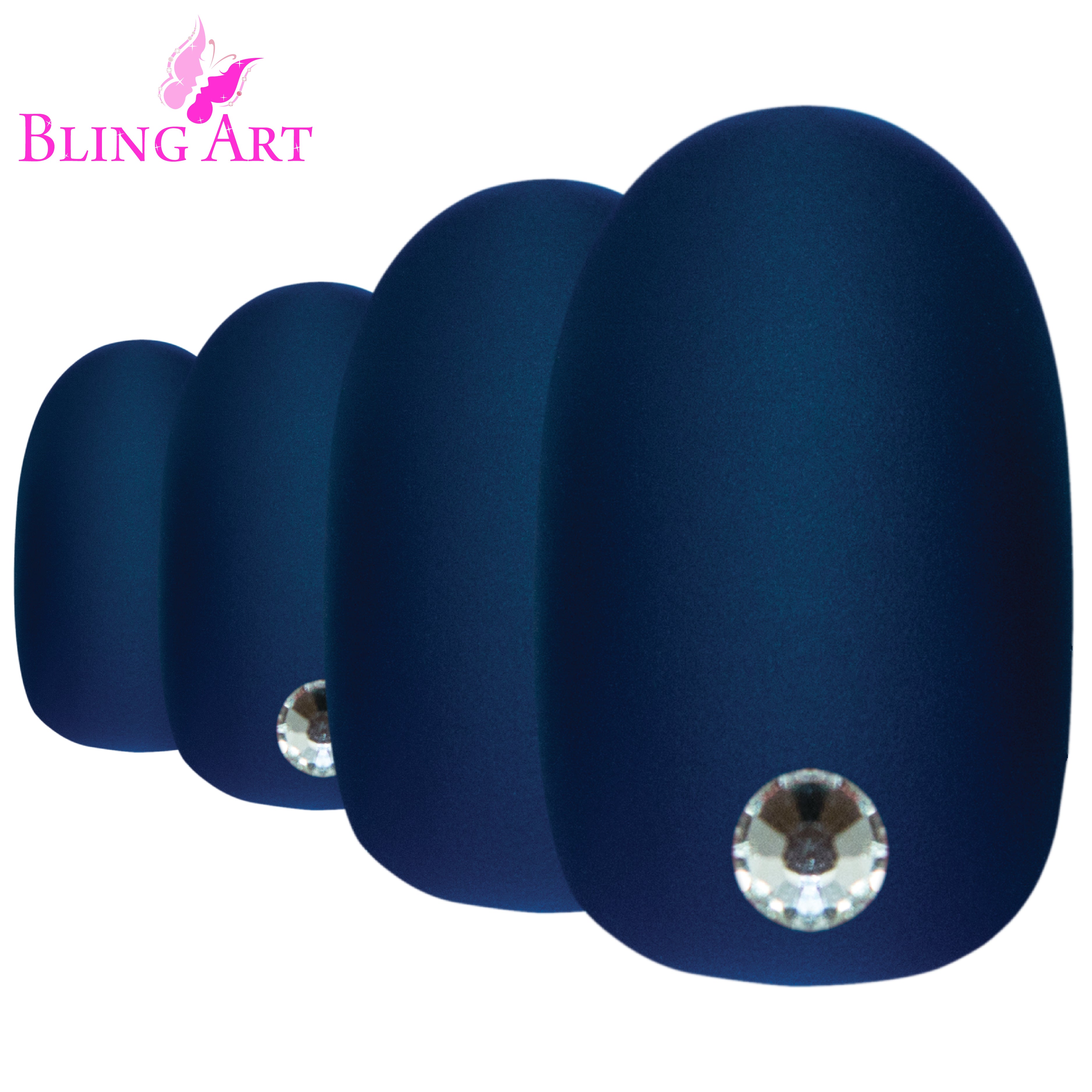 Bling Art Blue matte oval press-on nail set packaging — 24 nails, 12 sizes XS-XXL, file and cuticle stick included. Glue not included.