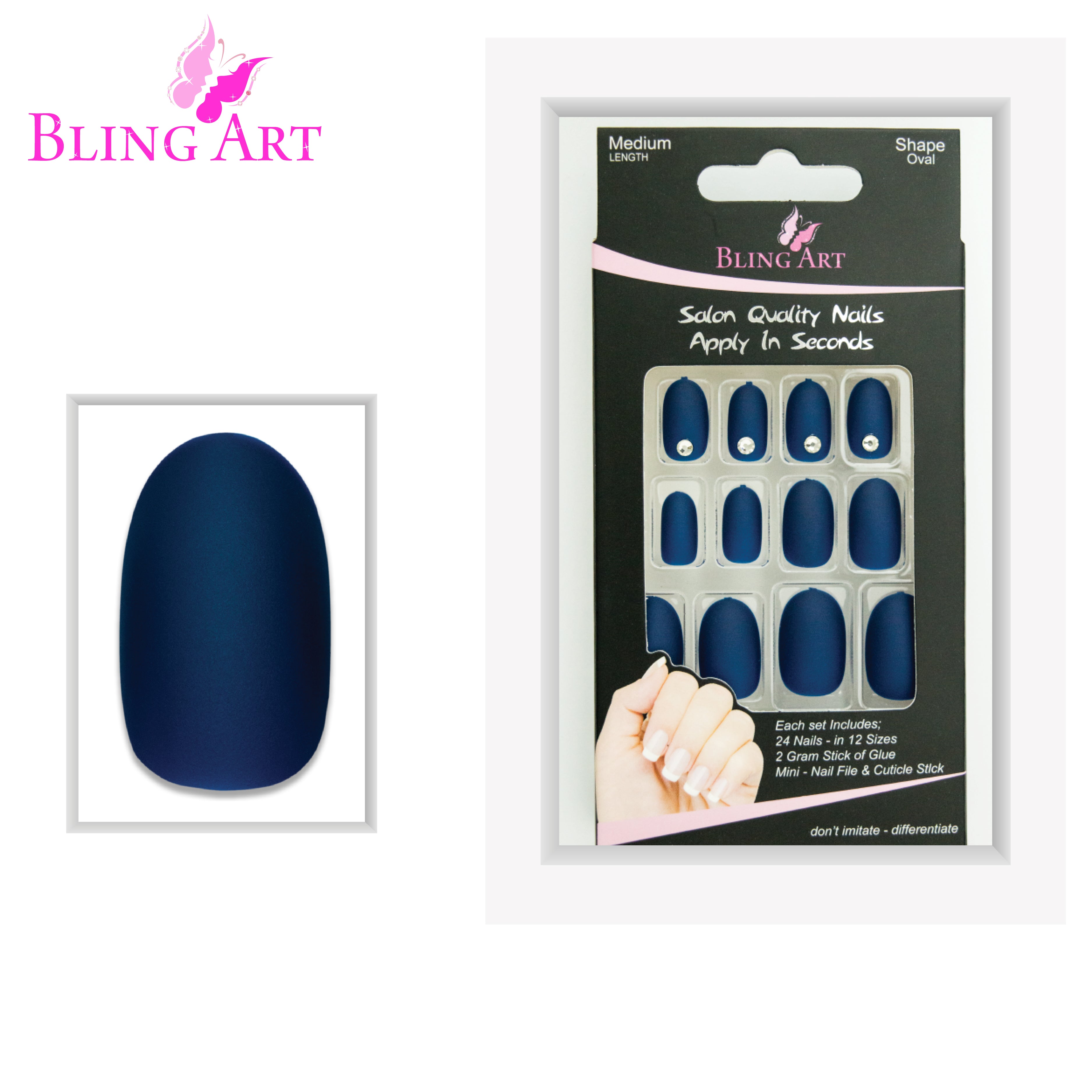 Blue matte oval press-on nails by Bling Art — full-hand reveal showing all 24 nails across five fingers for summer and festivals.