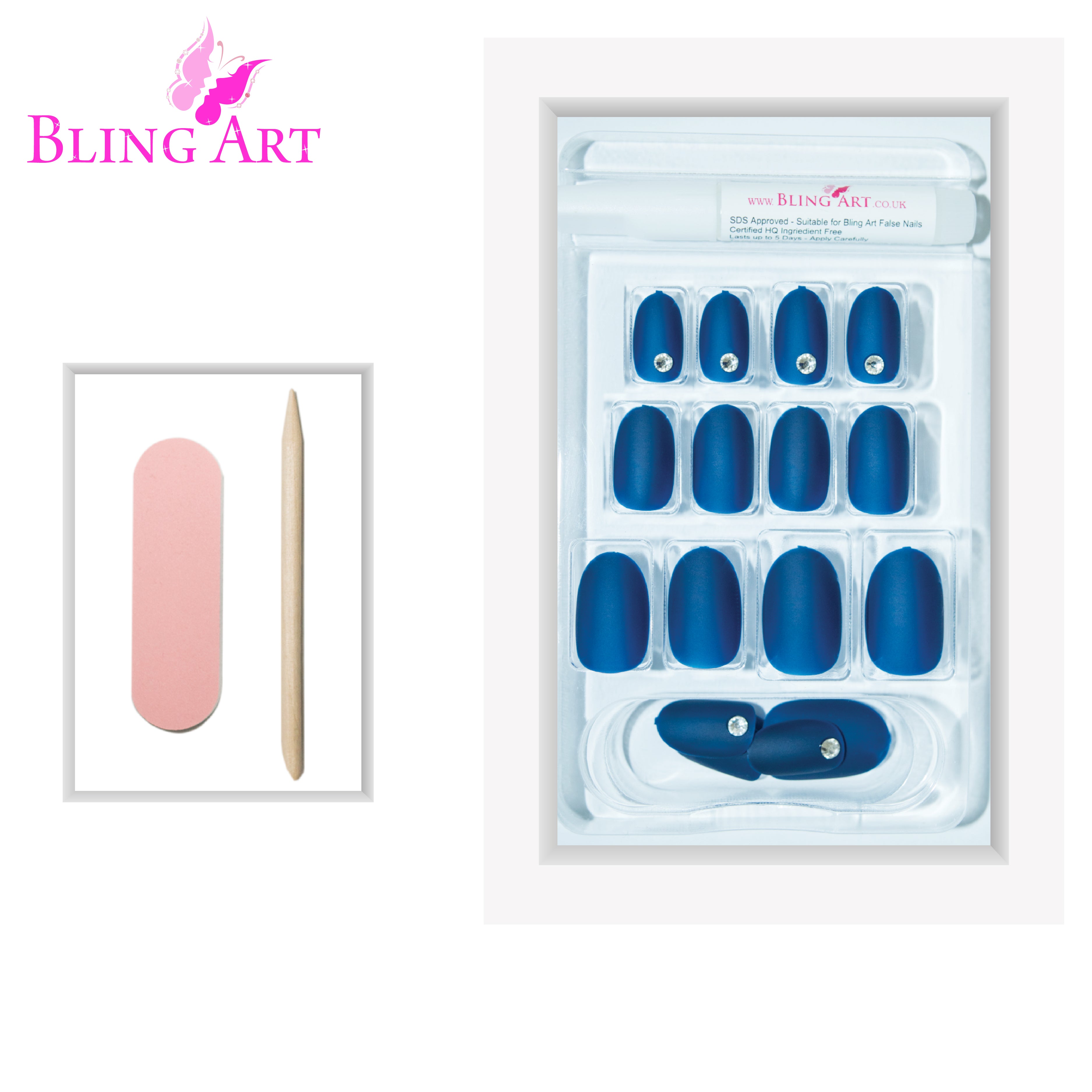 Blue matte oval press-on nails by Bling Art — lifestyle context shot showing the bold ocean-blue matte finish.