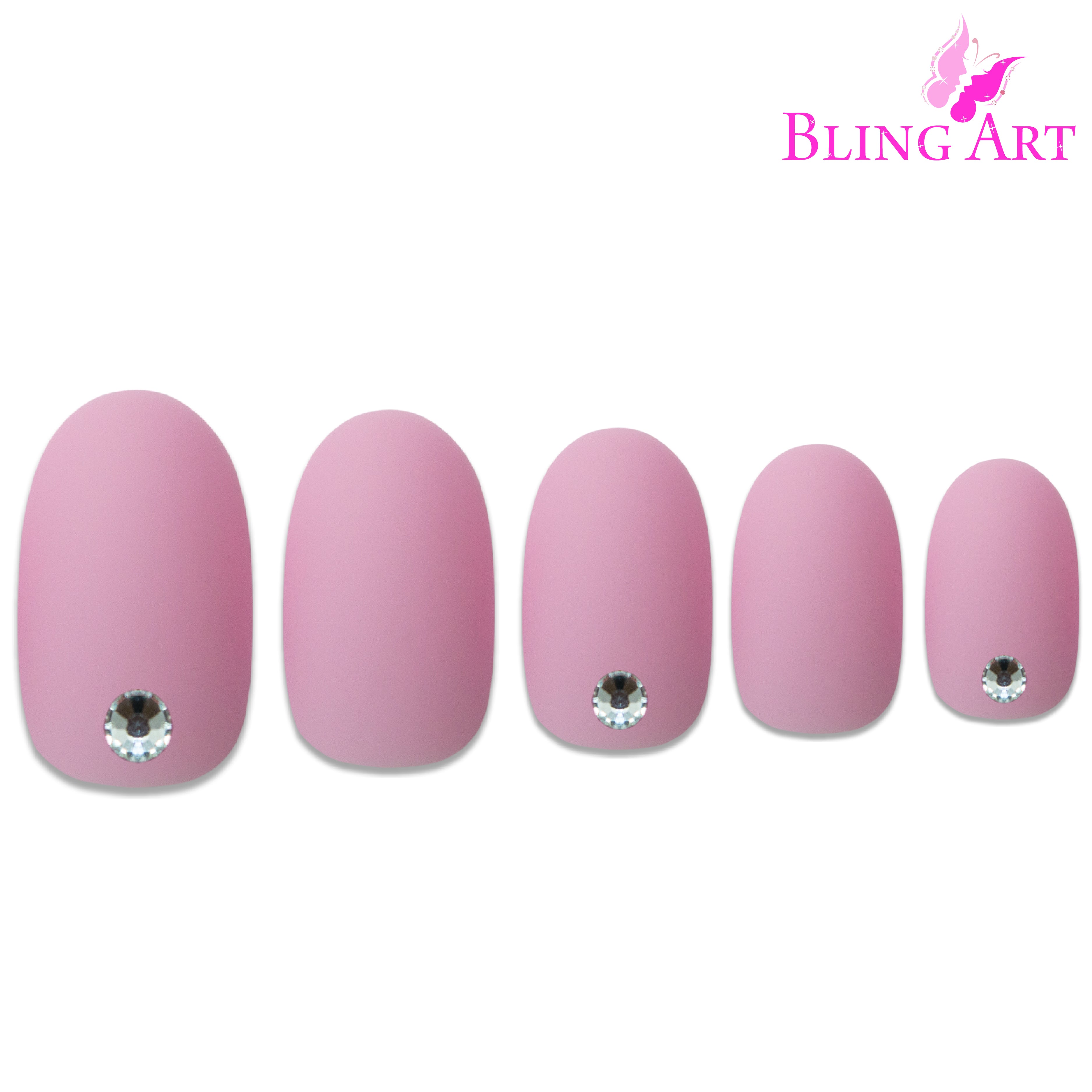 Pink matte oval Bling Art press-on nails — alternative angle revealing the bond line on the oval shape.