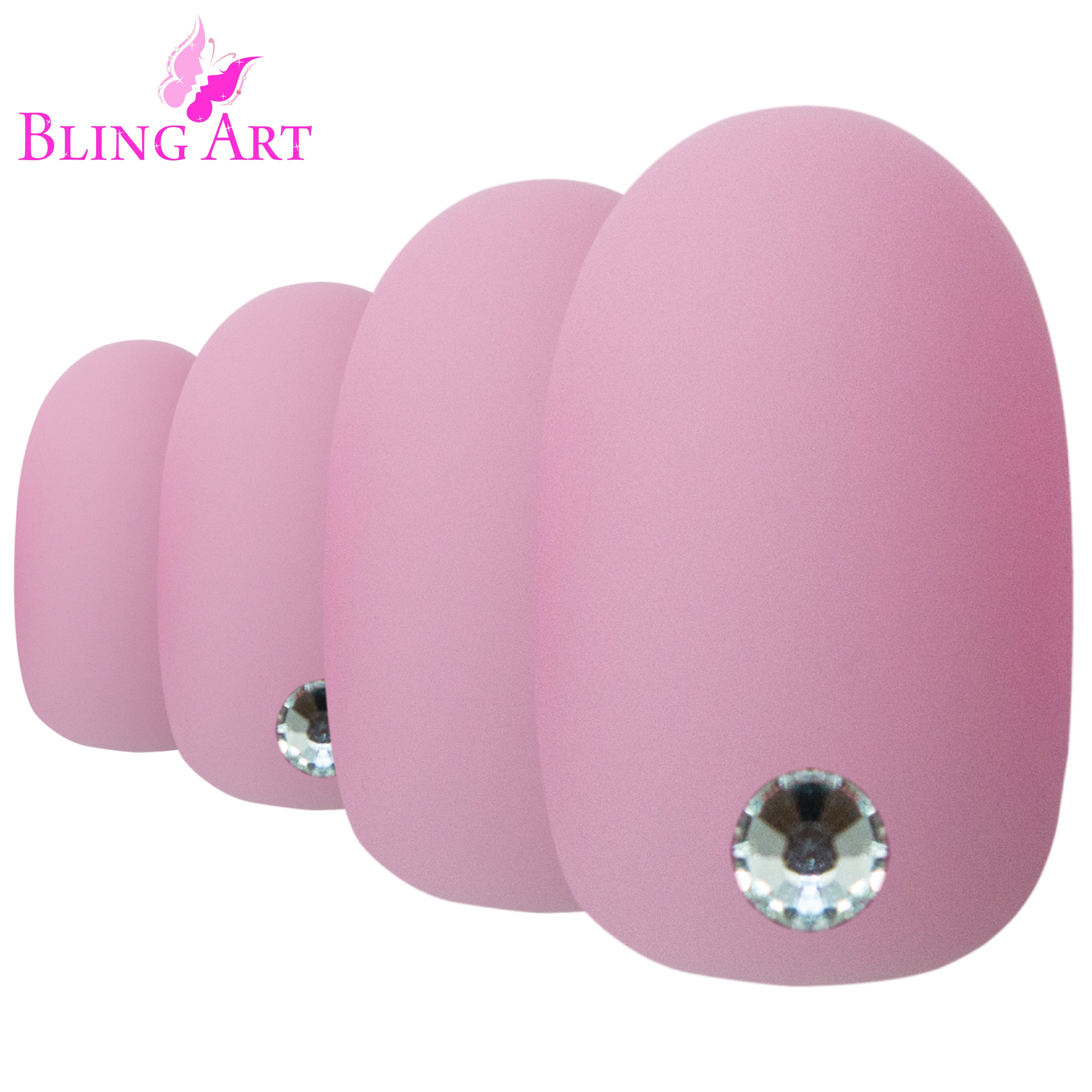 Bling Art Pink matte oval press-on nail set packaging — 24 nails, 12 sizes XS-XXL, file and cuticle stick included. Glue not included.