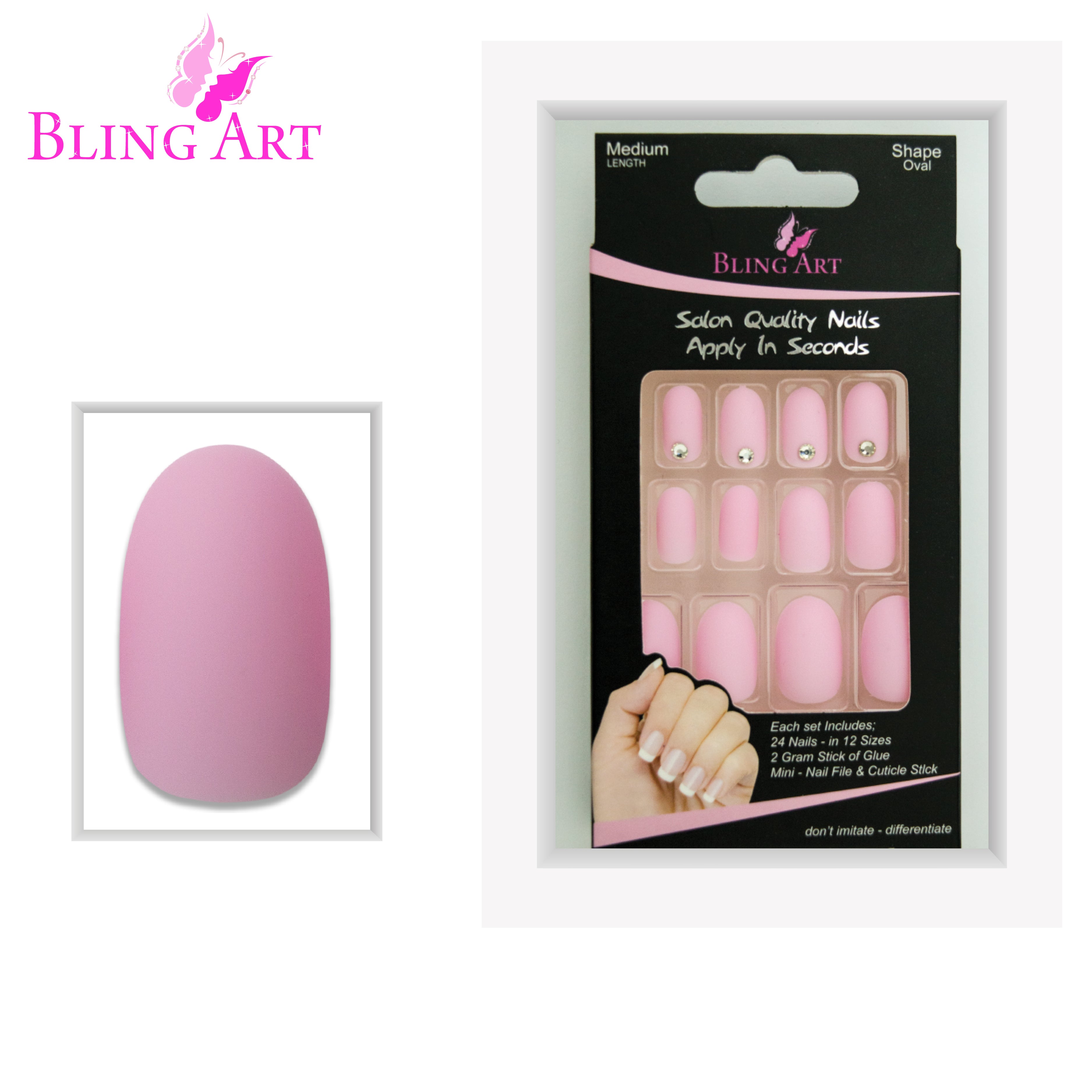 Pink matte oval Bling Art press-on nails — full-hand reveal showing all 24 nails for summer events and date nights.