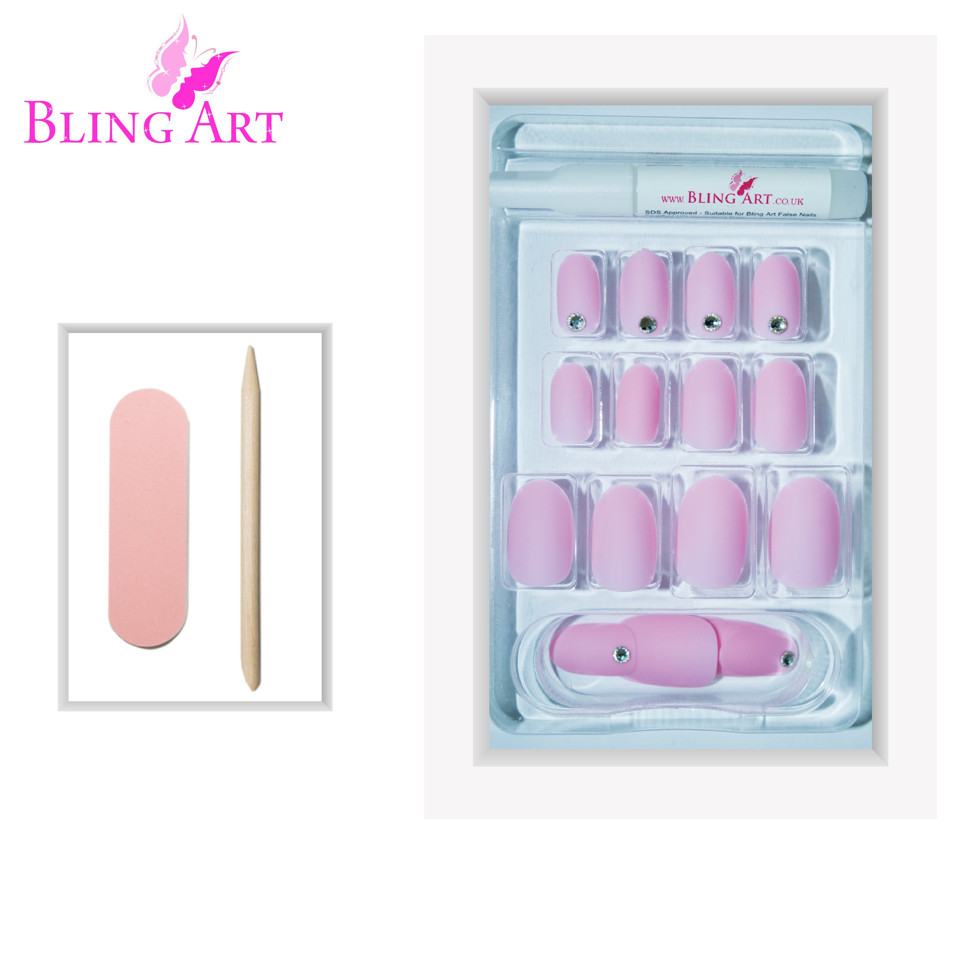 Pink matte oval Bling Art press-on nails — lifestyle context shot showing the feminine blush-pink matte finish.