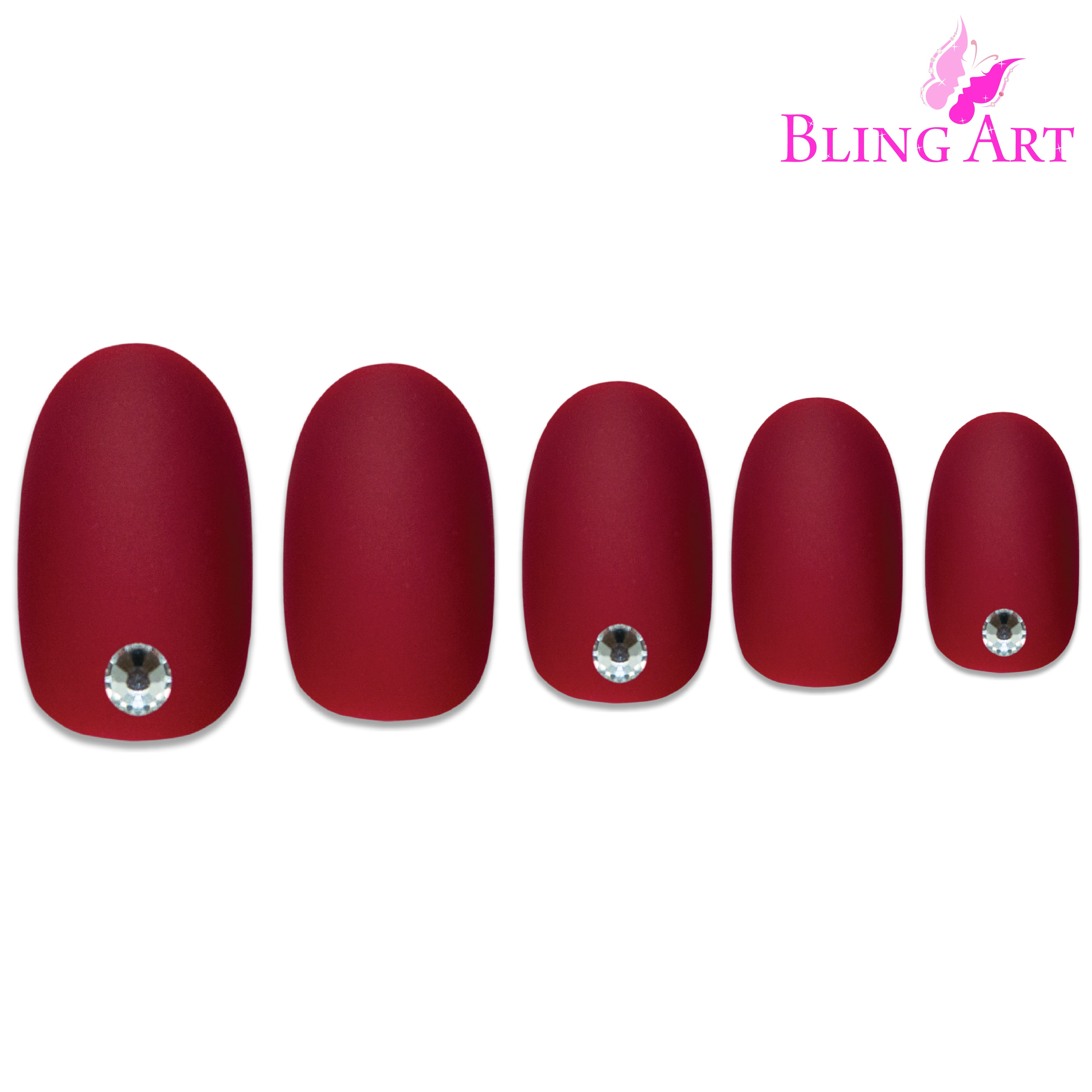 Red matte oval press-on nails by Bling Art — alternative angle revealing the bond line and finger-fit on the oval shape.