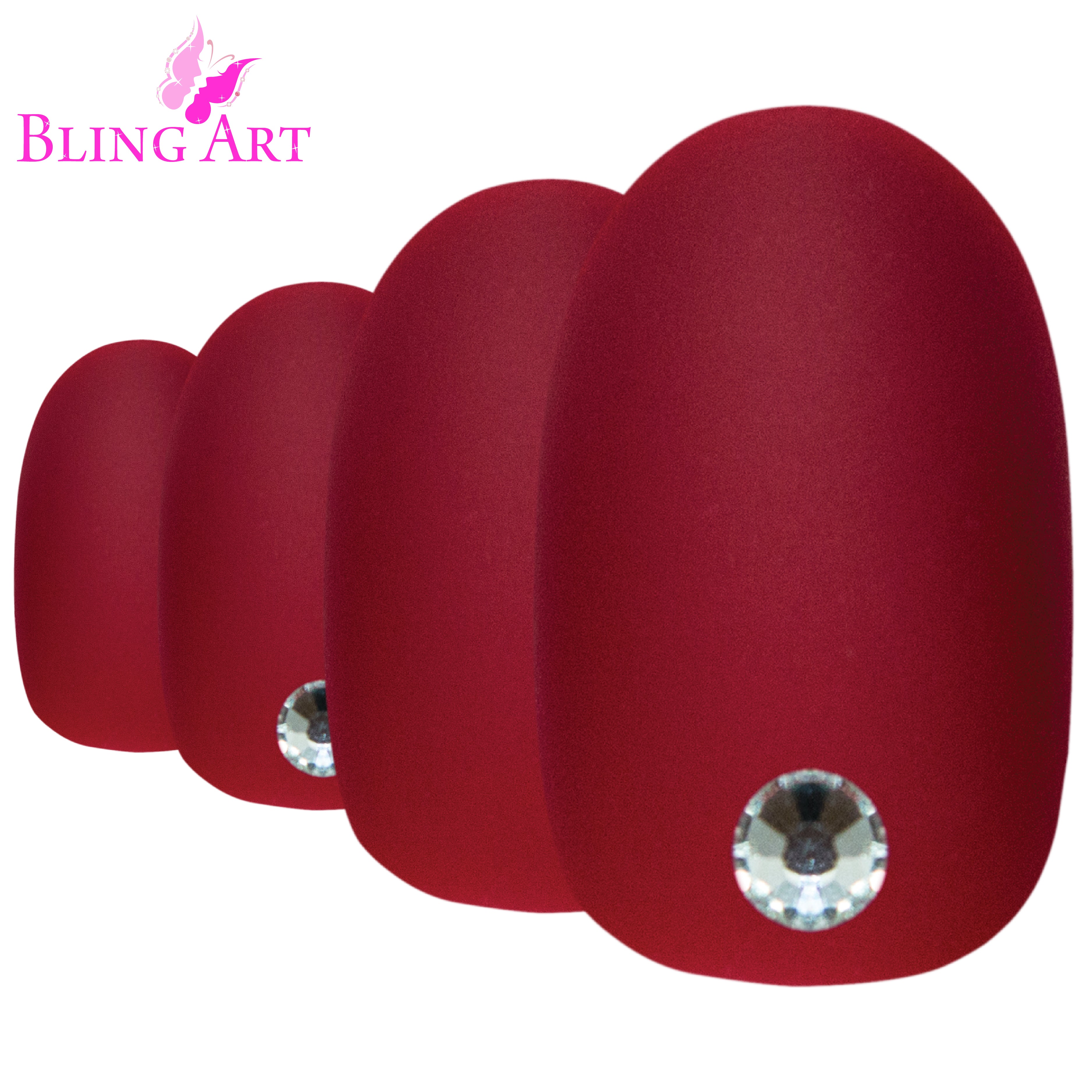 Bling Art Red matte oval press-on nail set packaging — 24 nails, 12 sizes XS-XXL, file and cuticle stick included. Glue not included.