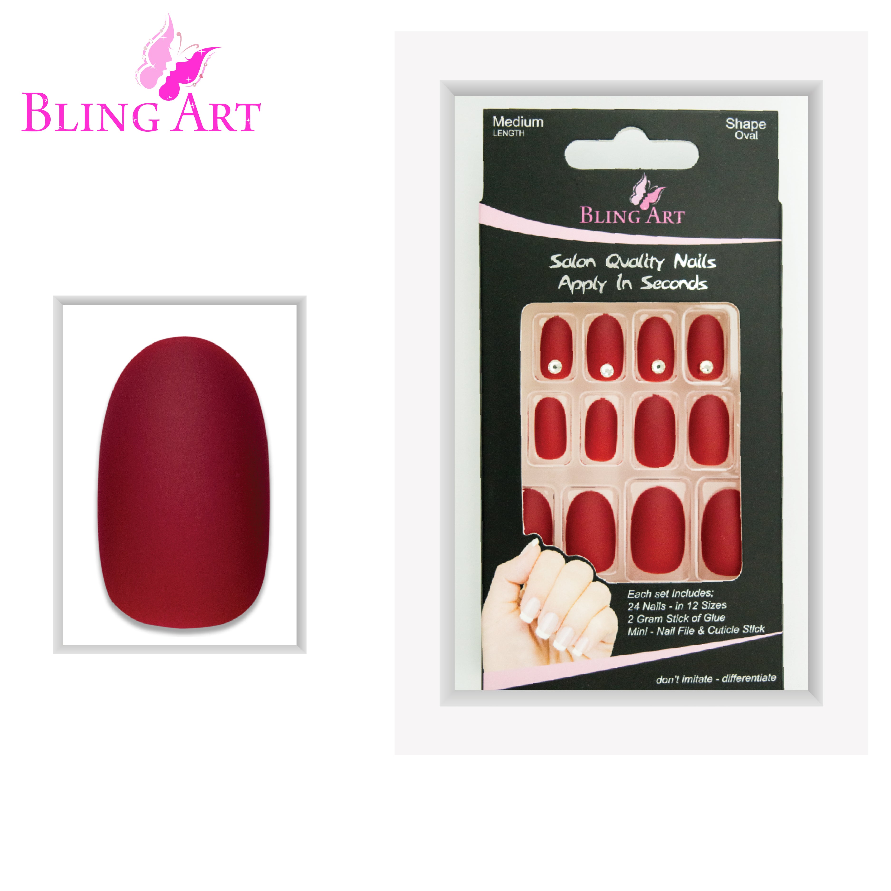 Red matte oval press-on nails by Bling Art — full-hand reveal showing all 24 nails across five fingers for date nights and parties.