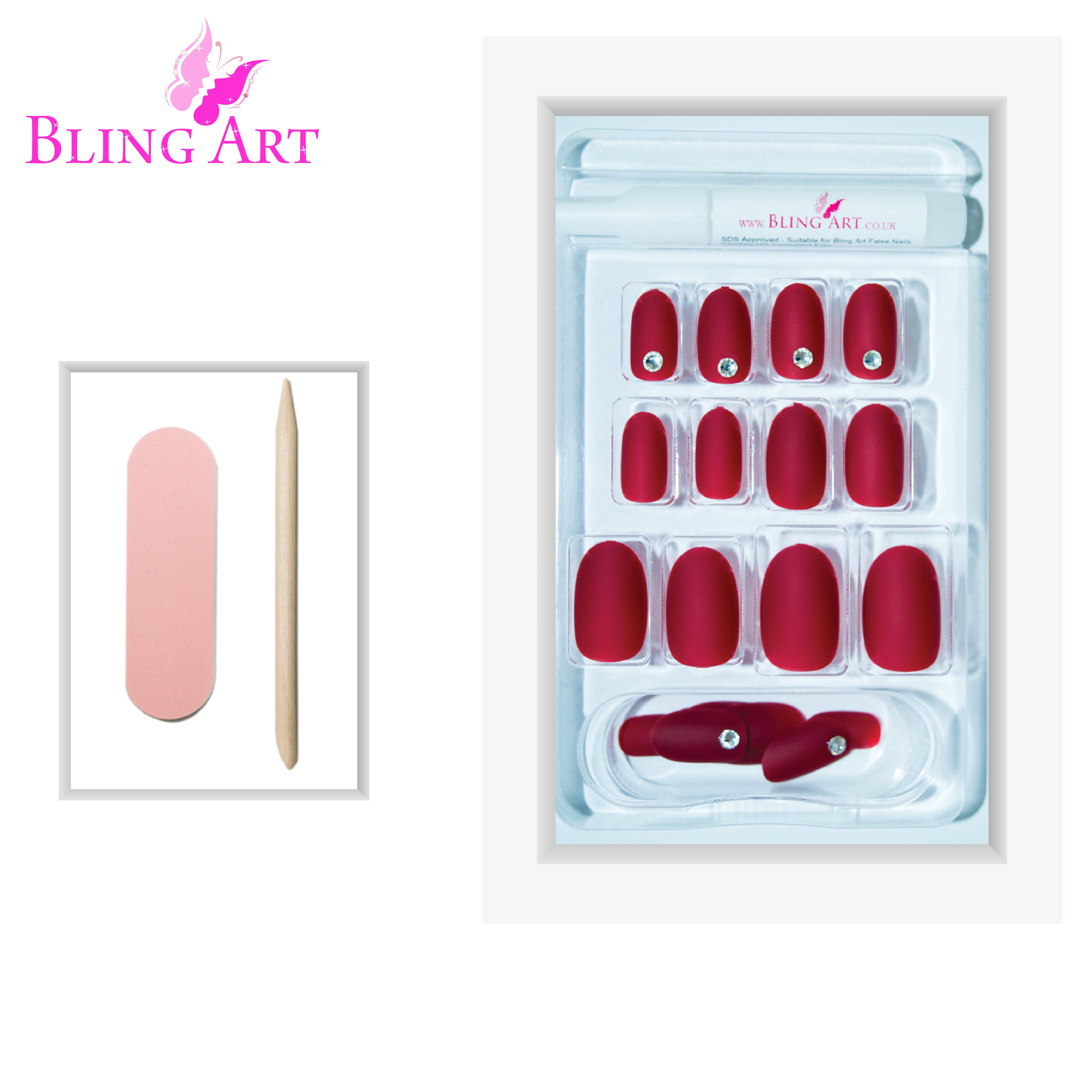 Red matte oval press-on nails by Bling Art — lifestyle context shot showing the bold crimson matte finish in everyday wear.