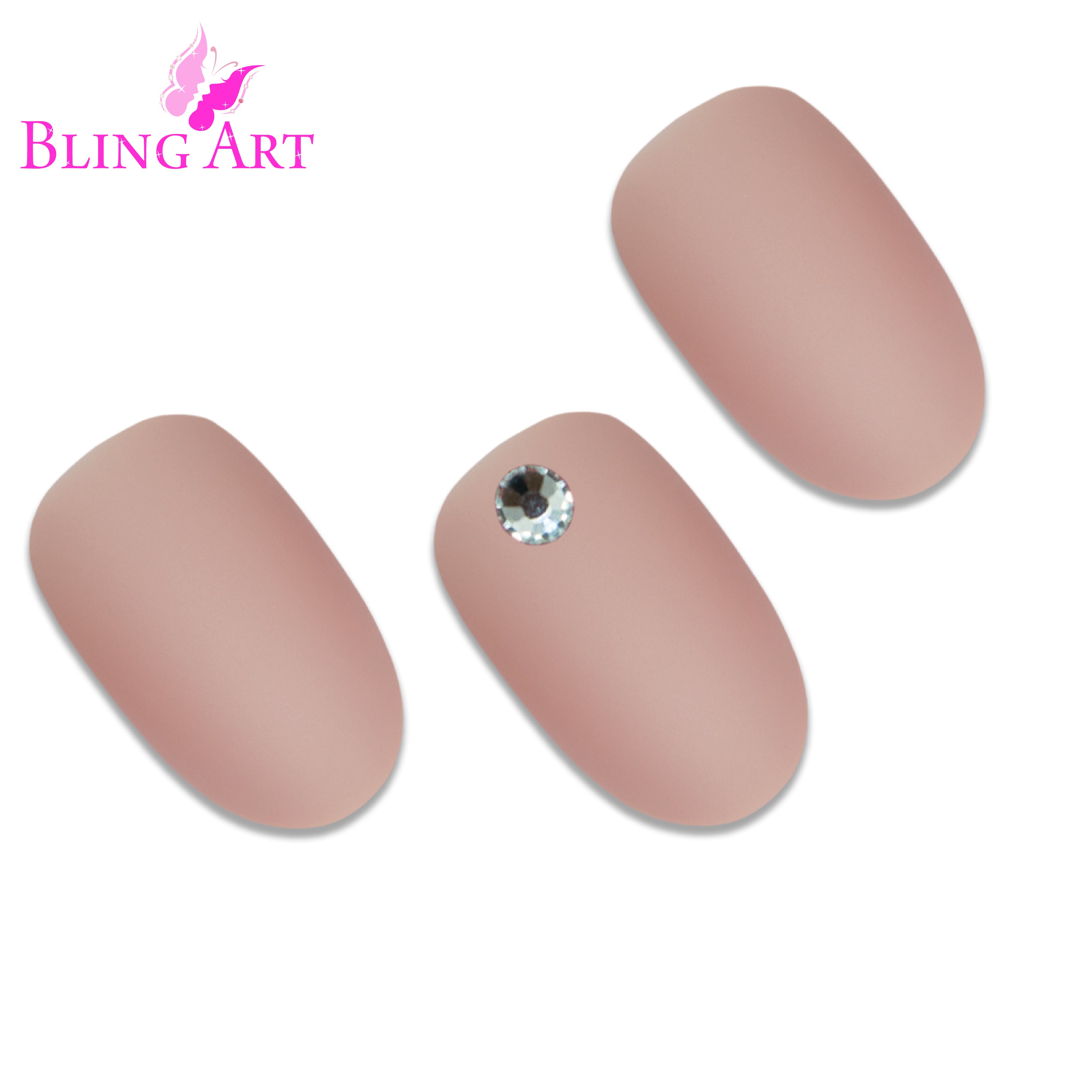 Beige matte oval Bling Art press-on nails — worn-hand close-up showing the warm-beige velvet matte on medium-length oval tips.