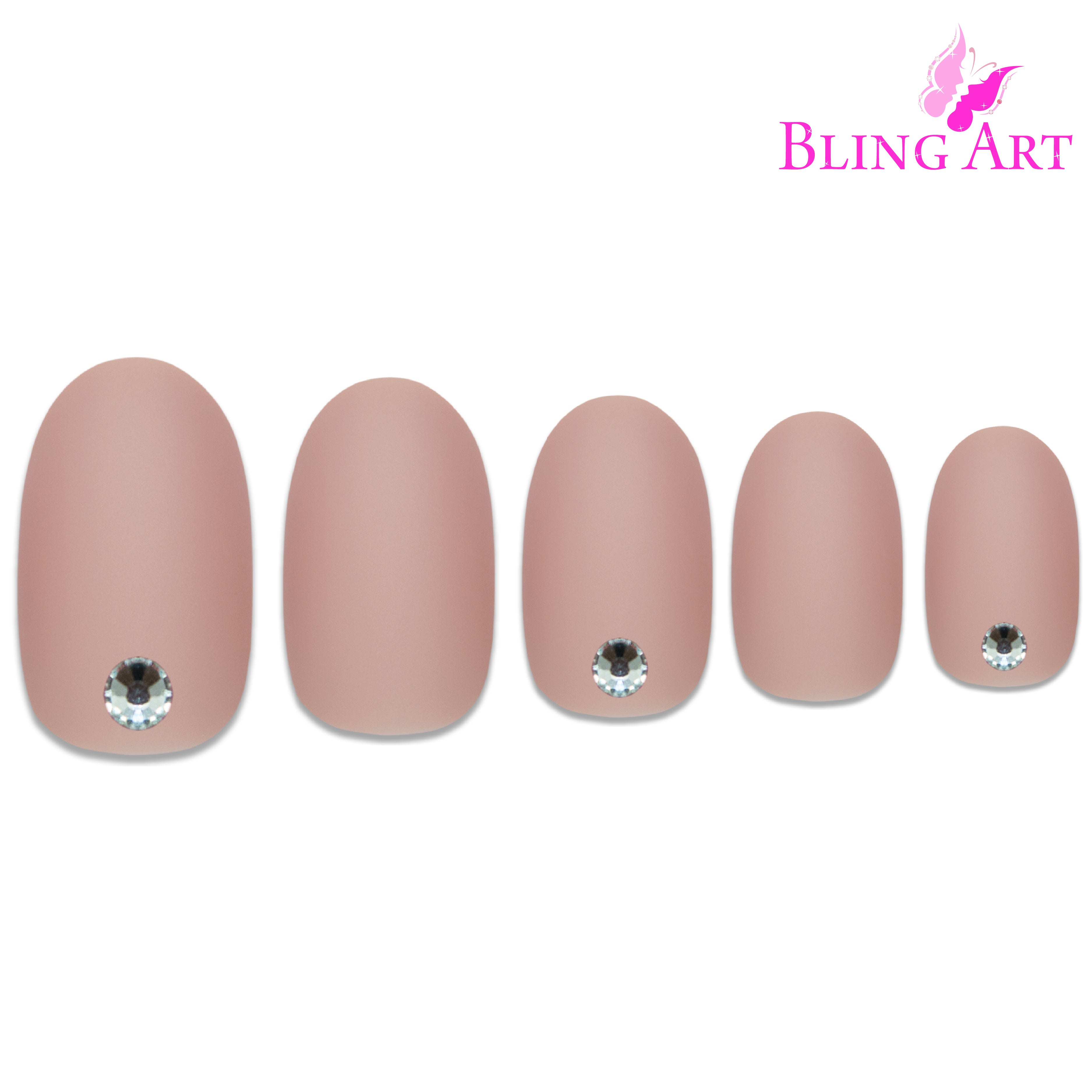 Beige matte oval Bling Art press-on nails — alternative angle revealing the bond line on the oval shape.