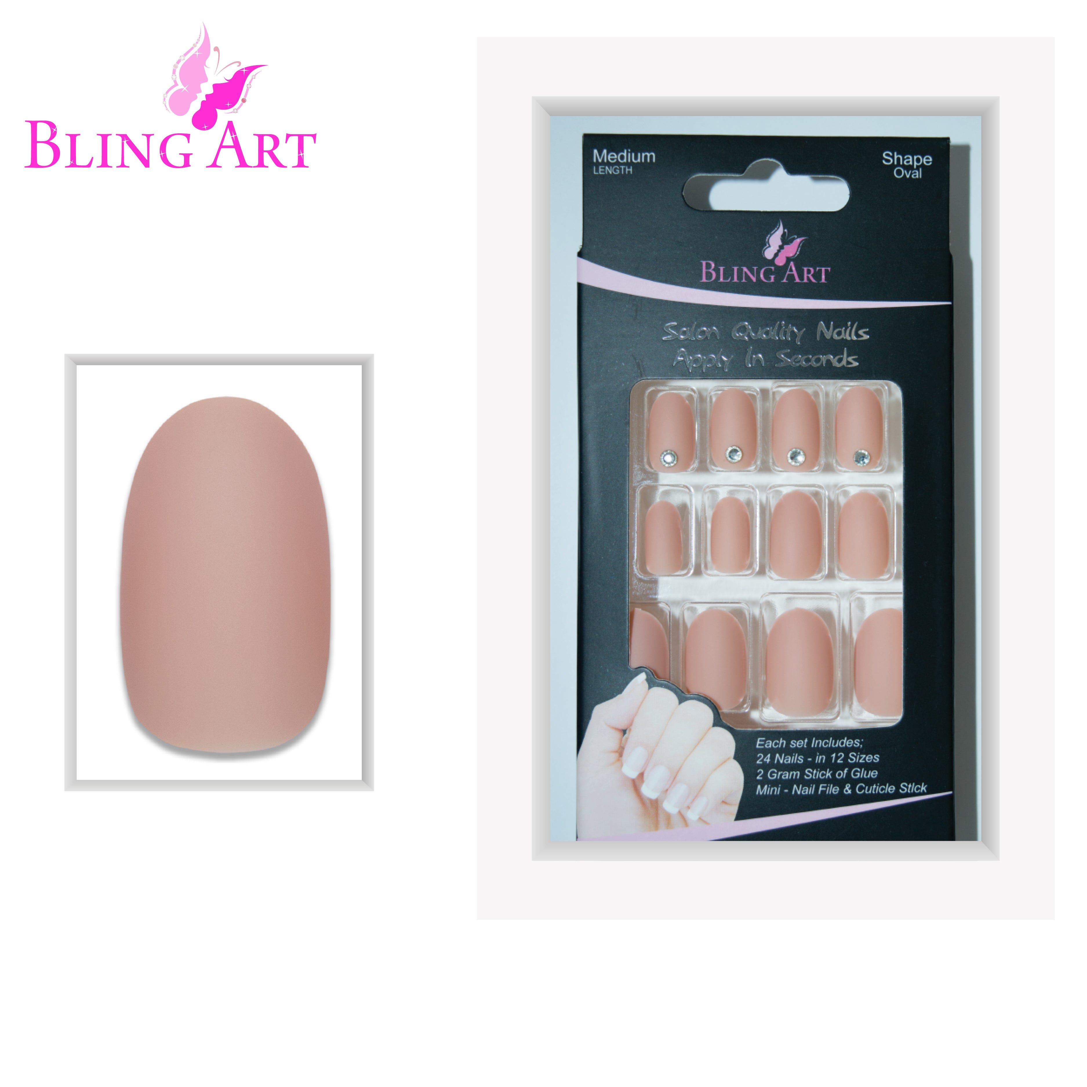 Beige matte oval Bling Art press-on nails — full-hand reveal showing all 24 nails for office wear and everyday casual.