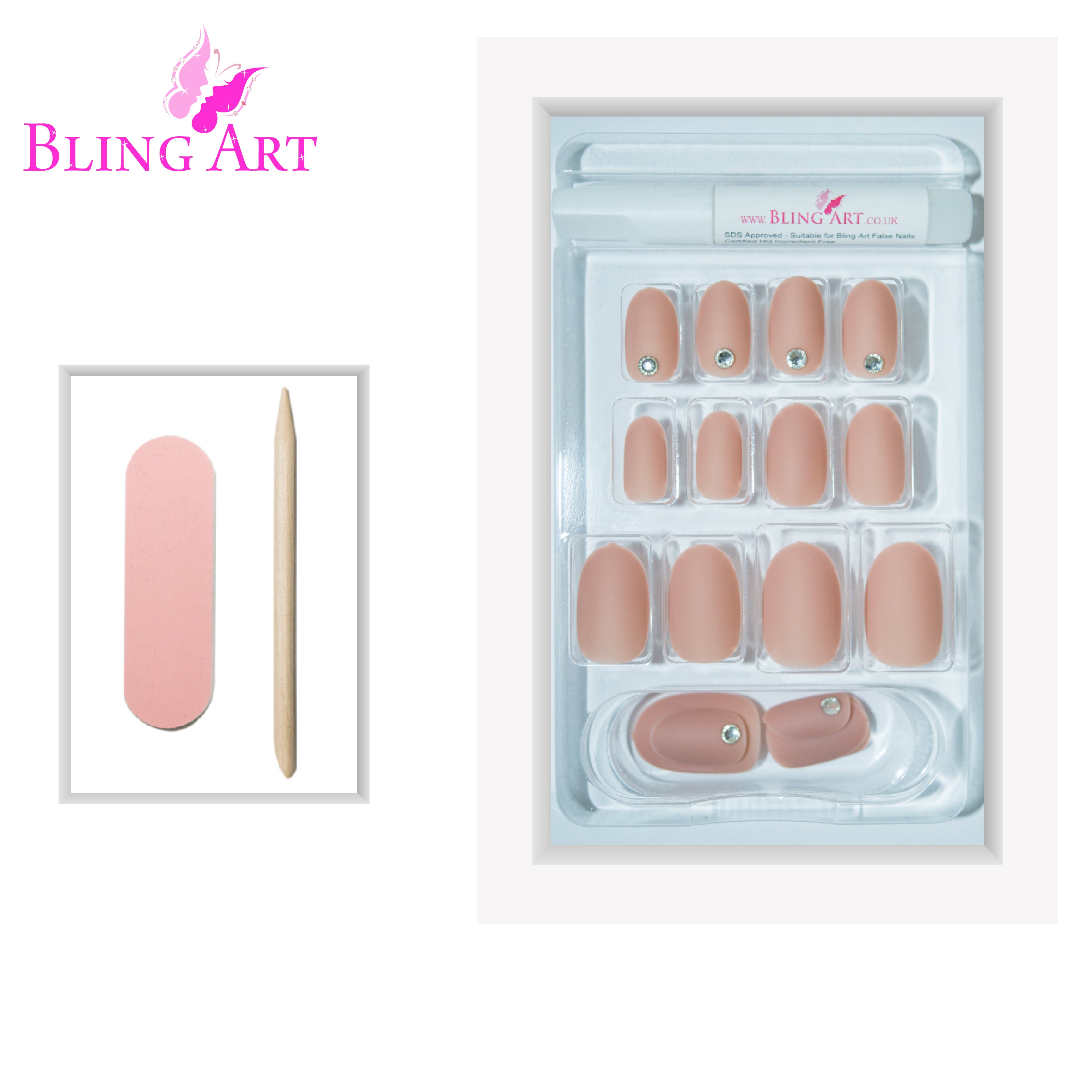 Beige matte oval Bling Art press-on nails — lifestyle context shot showing the understated warm-beige matte finish.