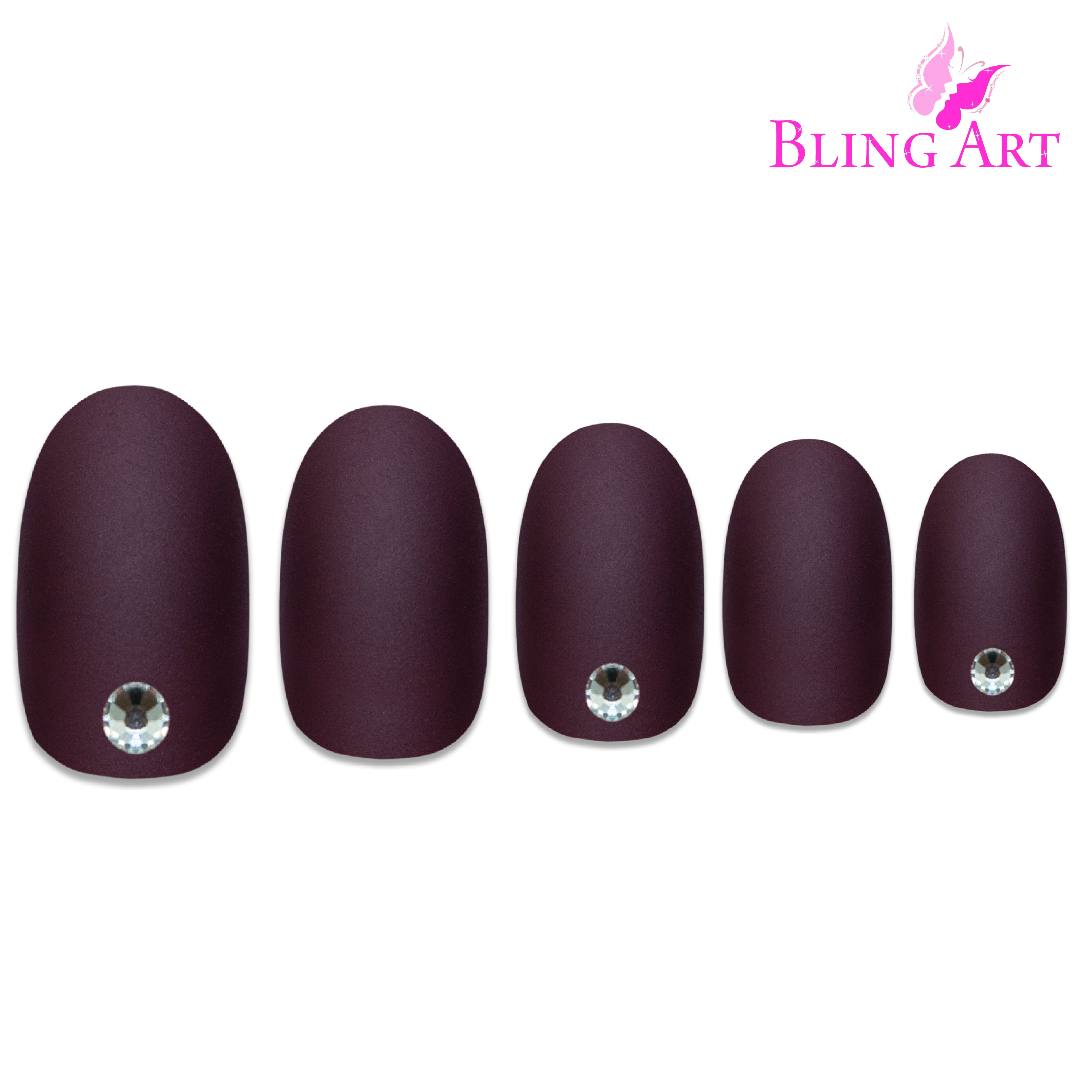 Red Brown matte oval Bling Art press-on nails — full-hand reveal showing all 24 nails sized across five fingers, designed in Yorkshire UK.