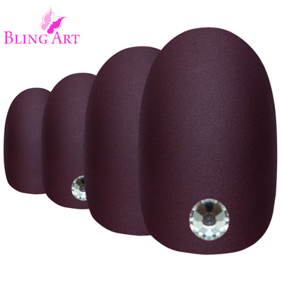 Red Brown matte oval press-on nails by Bling Art — close-up showing the velvet matte texture and warm chestnut tone on medium-length oval tips, ideal for autumnal wear and everyday styling, designed in Yorkshire UK.