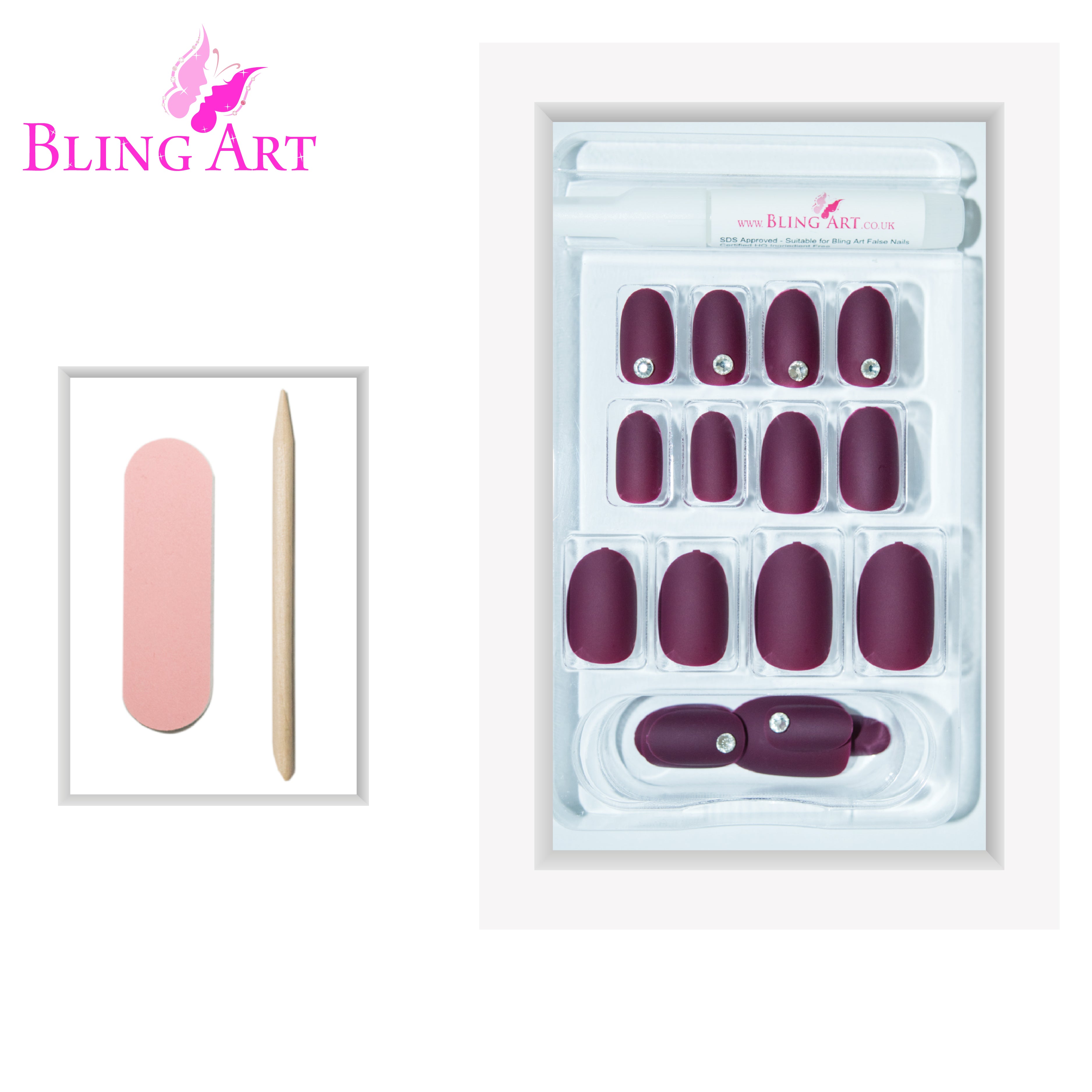 Bling Art Red Brown matte oval press-on nail set — packaging view, 24 nails across 12 sizes XS to XXL, mini file and cuticle stick included. Glue not included.