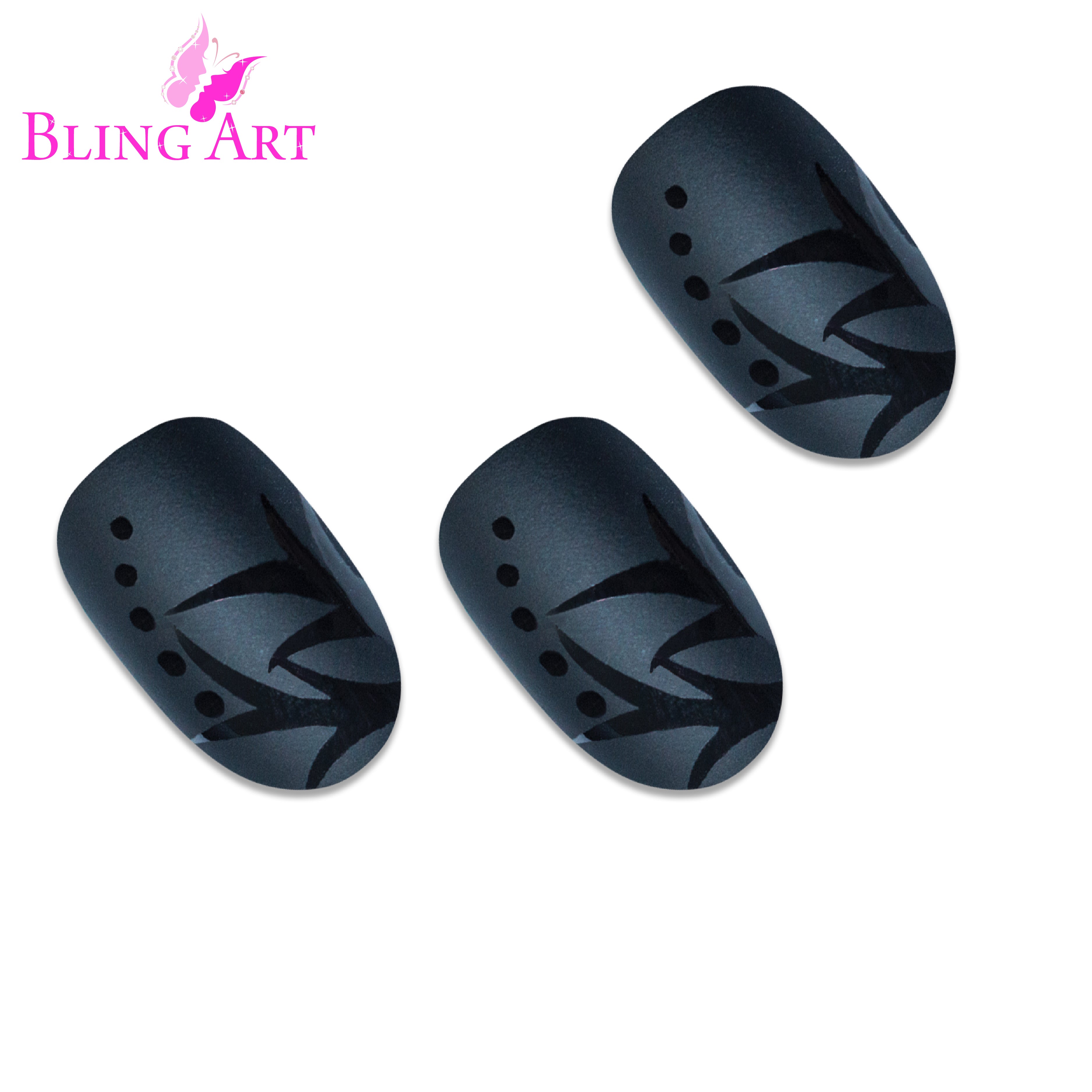 Black Leaf matte oval Bling Art press-on nails — alternative angle revealing the bond line on the oval shape.