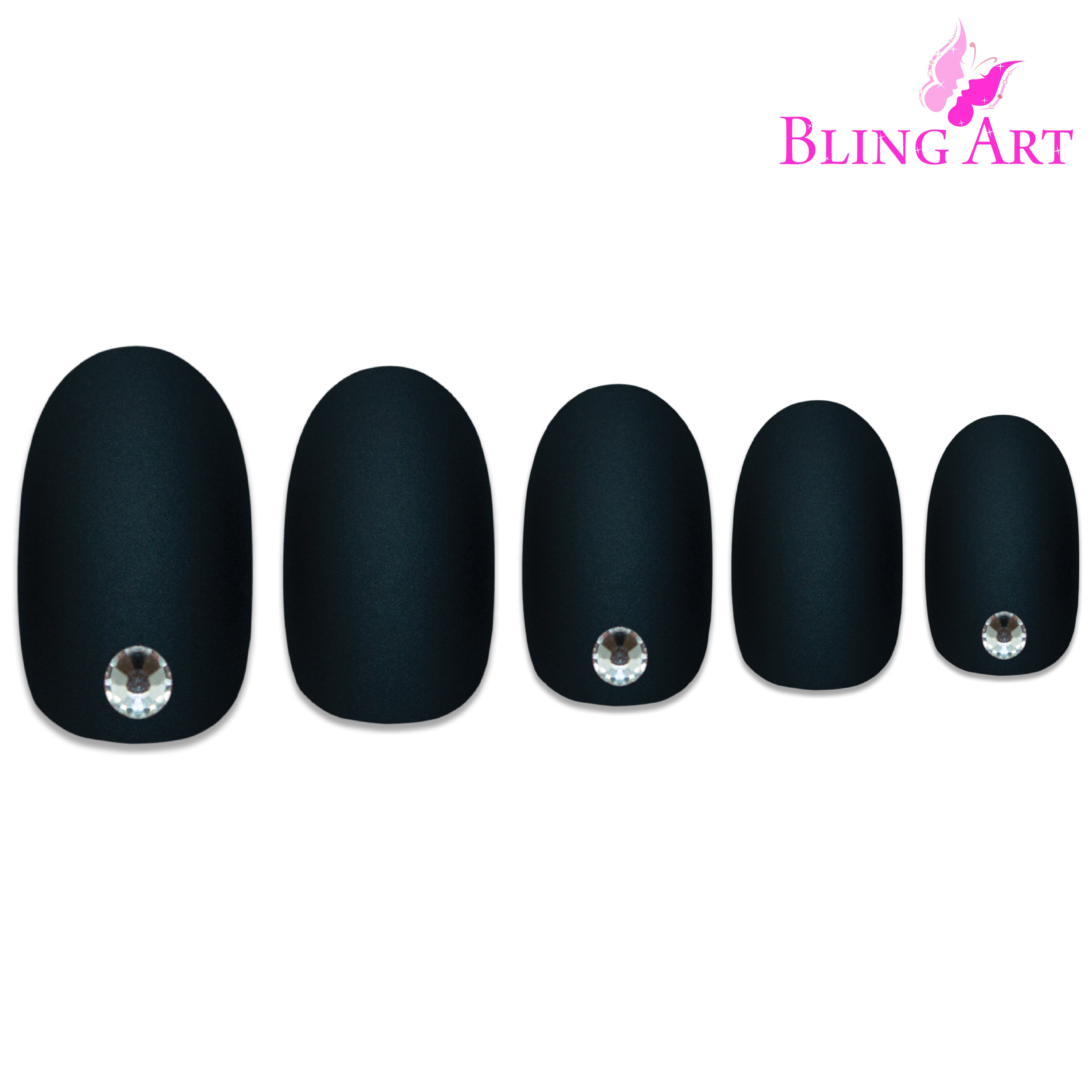 Black matte oval press-on nails by Bling Art — full-hand reveal showing all 24 nails across five fingers for evening and editorial wear.