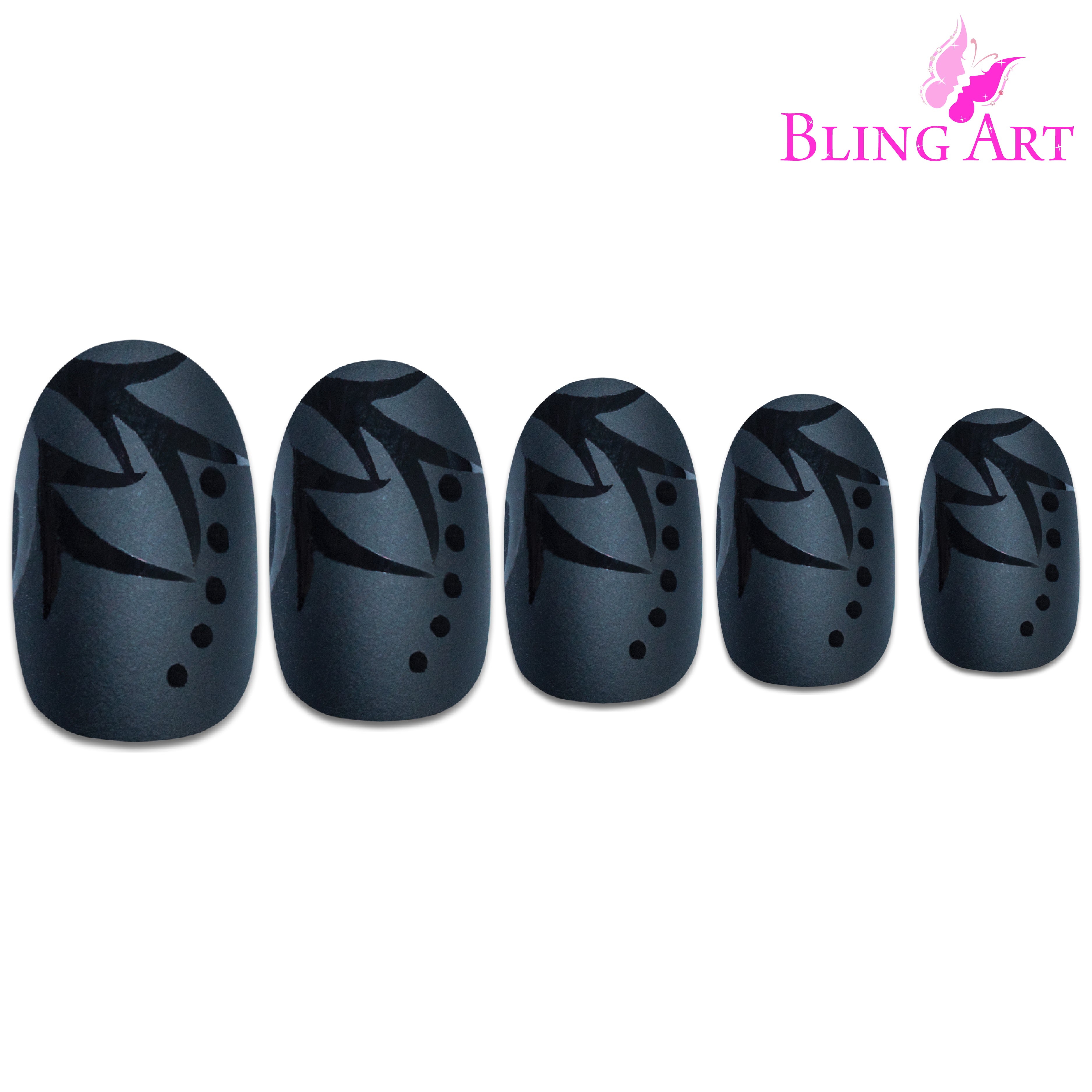 Black Leaf matte oval Bling Art press-on nails — full-hand reveal showing all 24 nails for parties, festivals and editorial events.