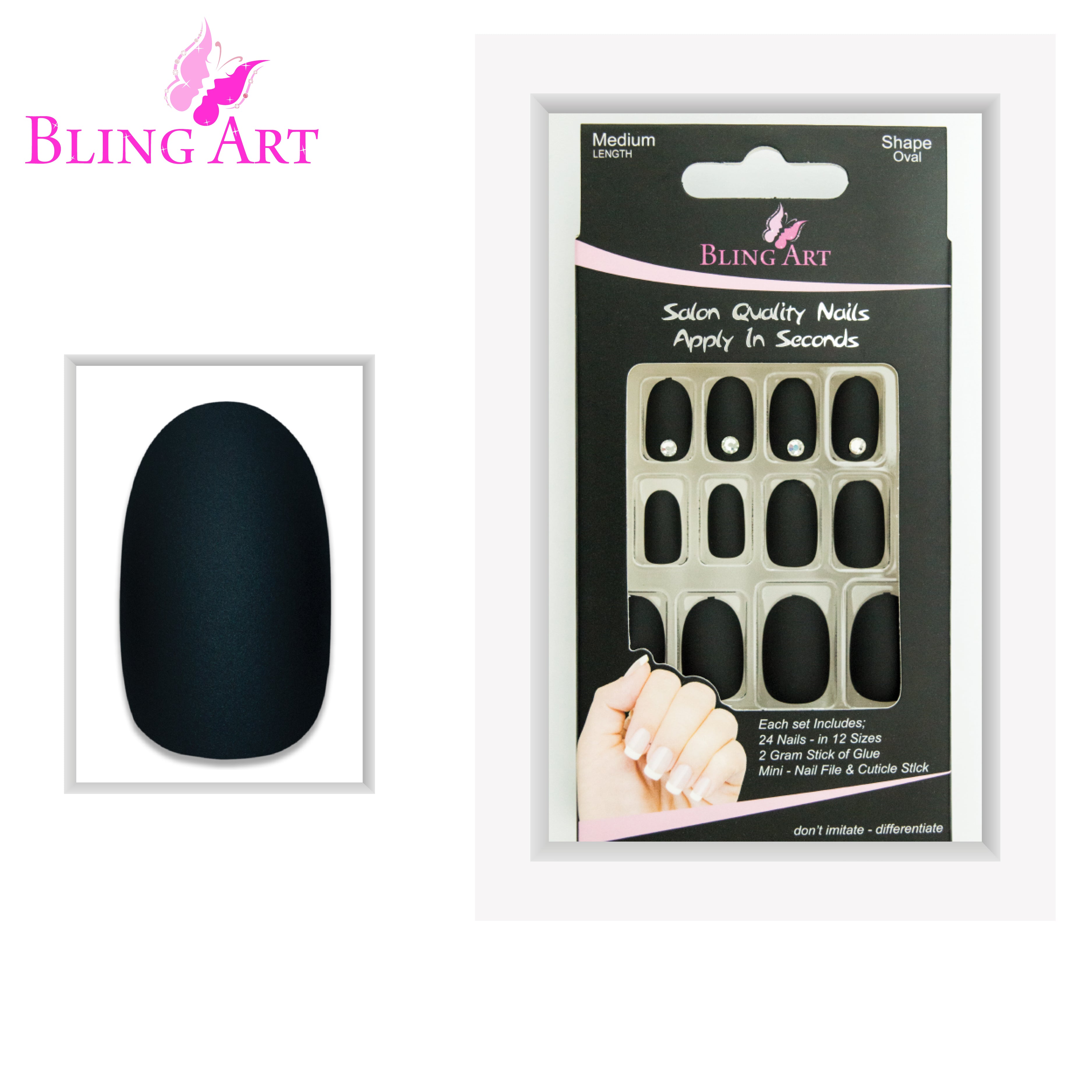 Black matte oval press-on nails by Bling Art — alternative angle revealing the bond line on the oval shape.