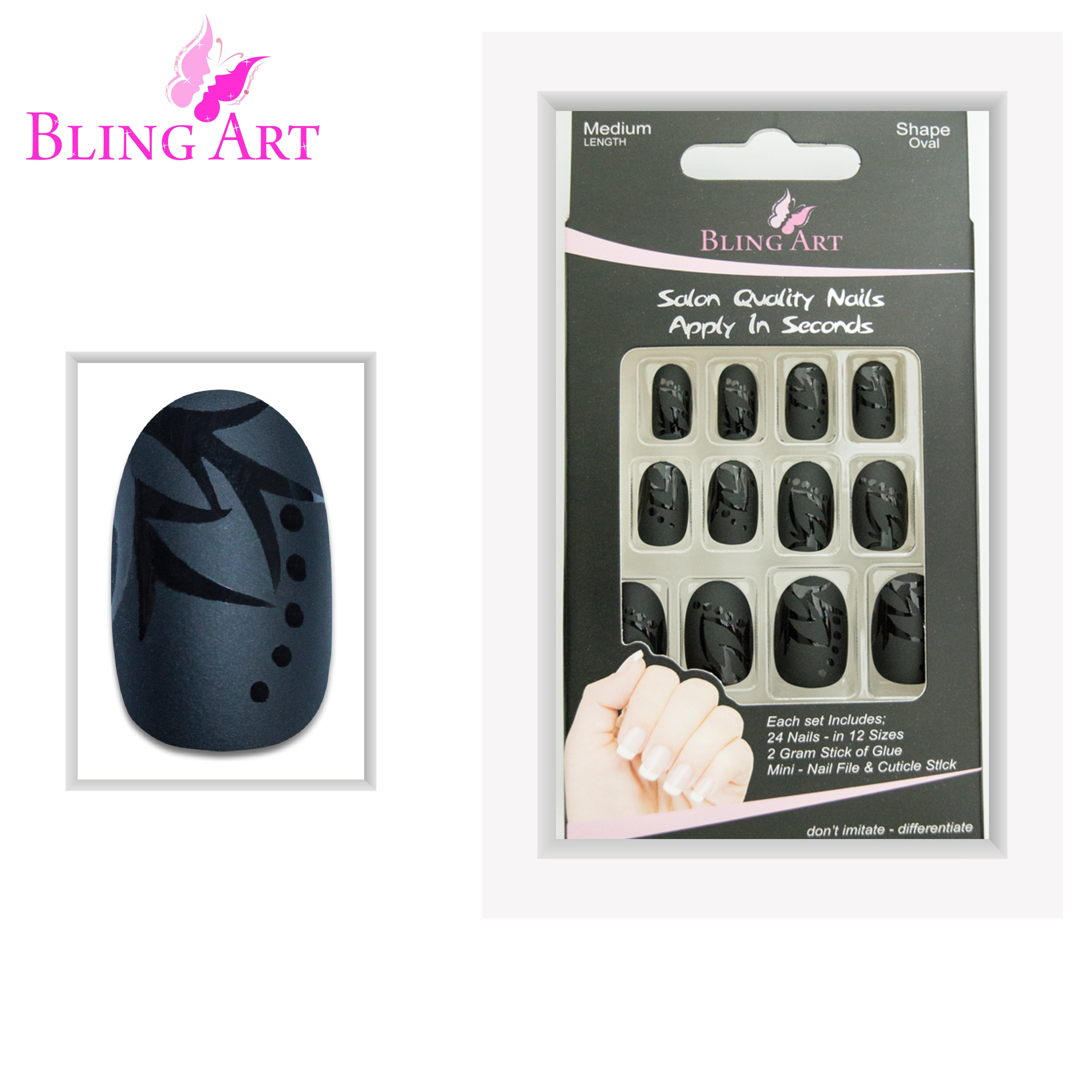 Black Leaf matte oval Bling Art press-on nails — lifestyle context shot showing the modern botanical leaf statement.