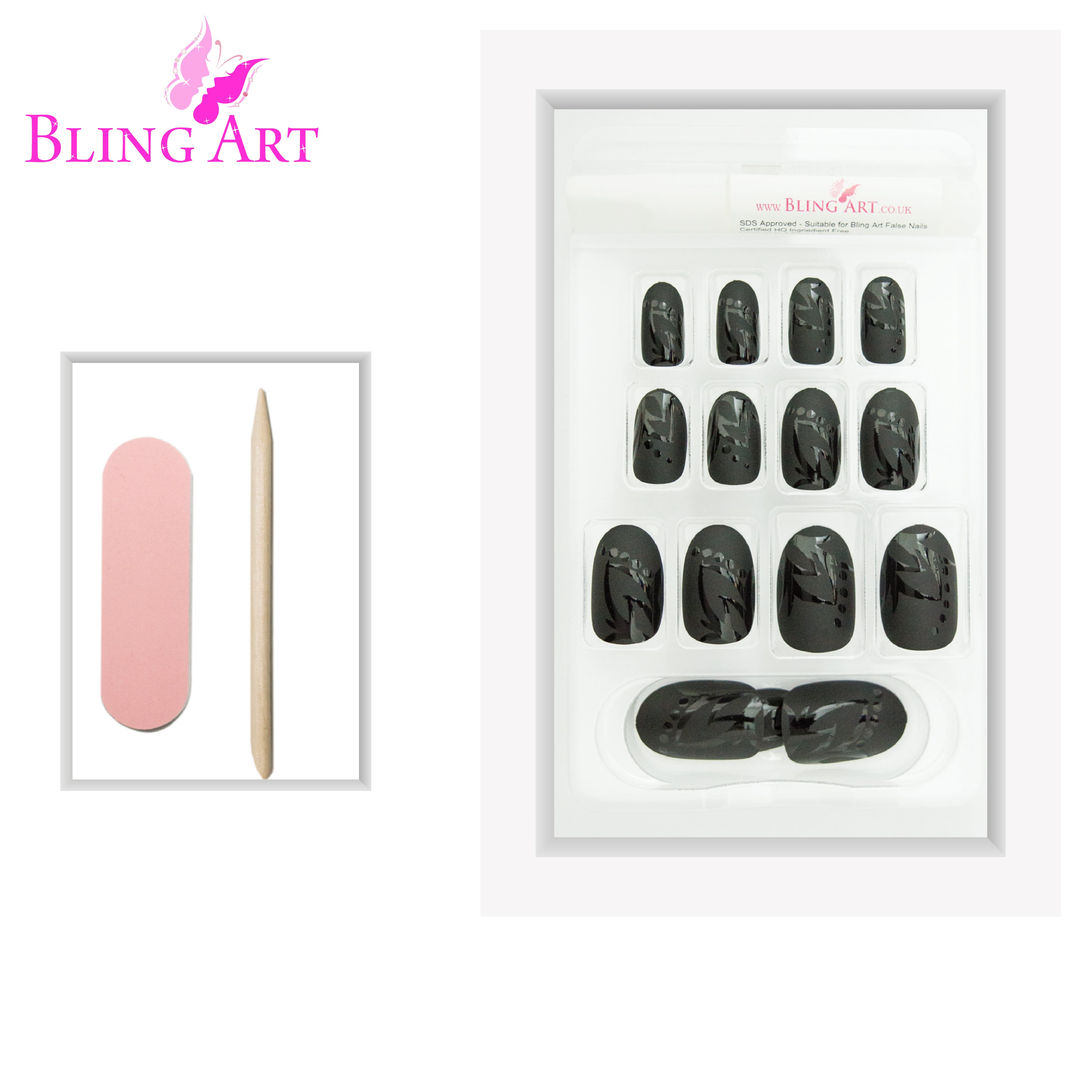 Bling Art Black Leaf matte oval press-on nail set packaging — 24 nails, 12 sizes XS-XXL, file and cuticle stick included. Glue not included.