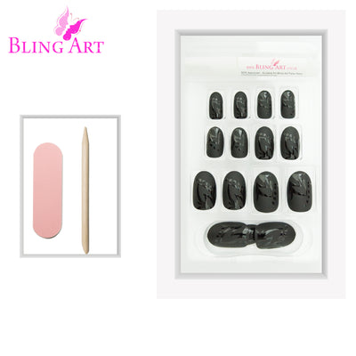Black leaf-pattern matte oval-shaped press-on false nails by Bling Art — modern botanical statement for parties, festivals, and editorial events · smooth velvet matte texture with leaf design · medium-length oval tips · 24 nails per set with adhesive · designed in Yorkshire