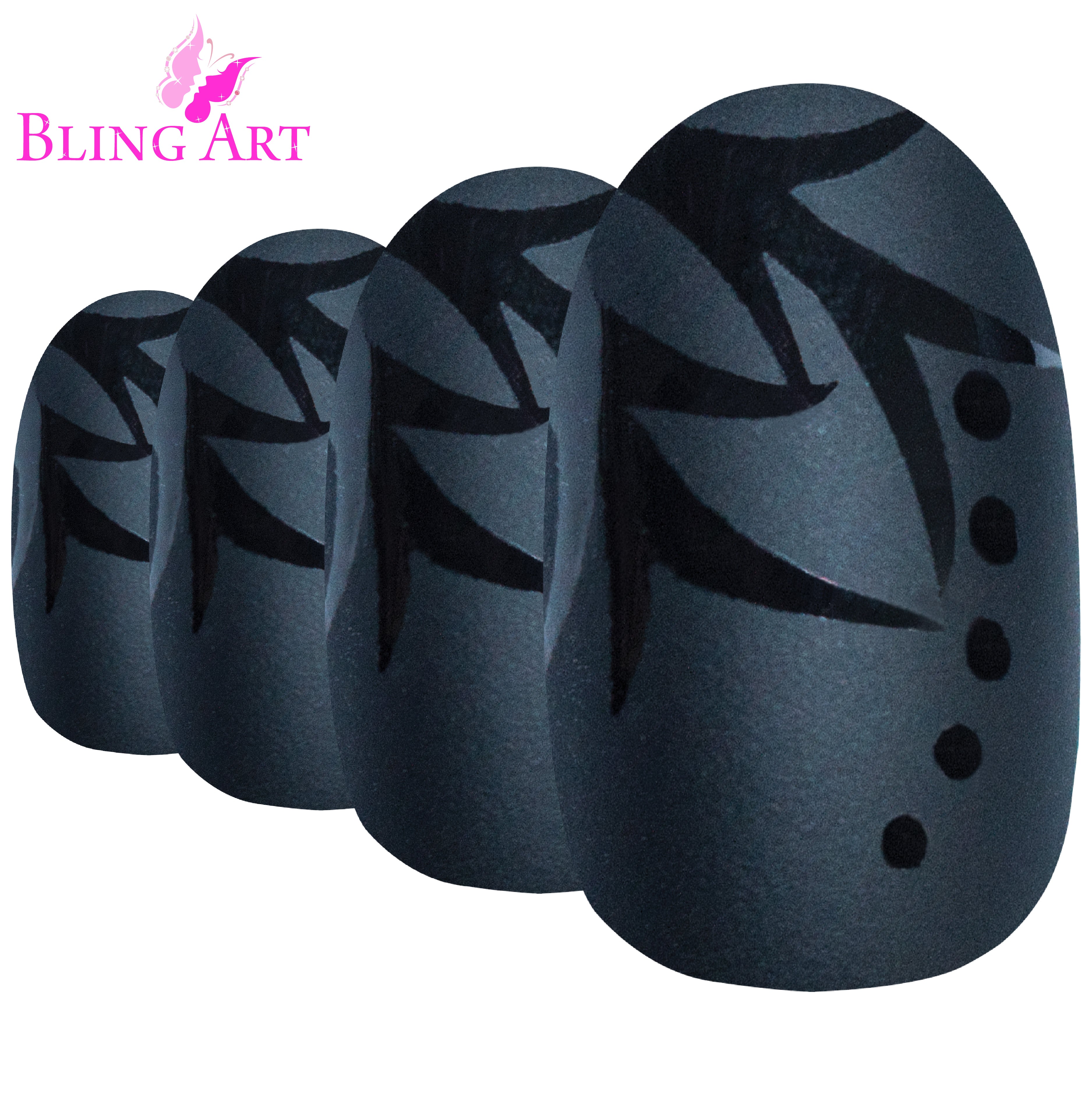 Black Leaf matte oval Bling Art press-on nails — worn-hand close-up showing the leaf-pattern detail on medium-length oval tips.