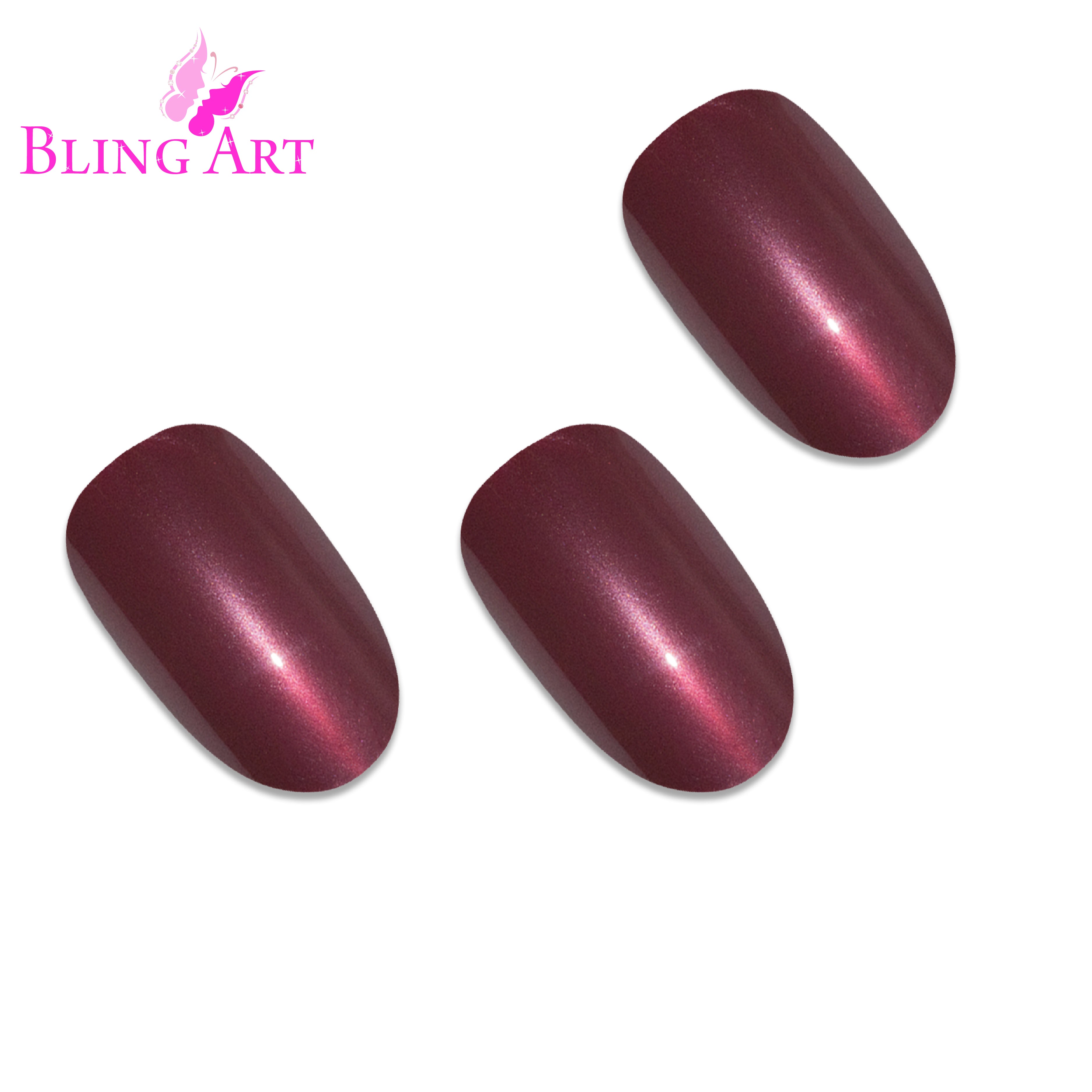 Red Brown glitter oval press-on nails by Bling Art — worn-hand close-up showing chestnut red-brown sparkle on medium-length oval tips.