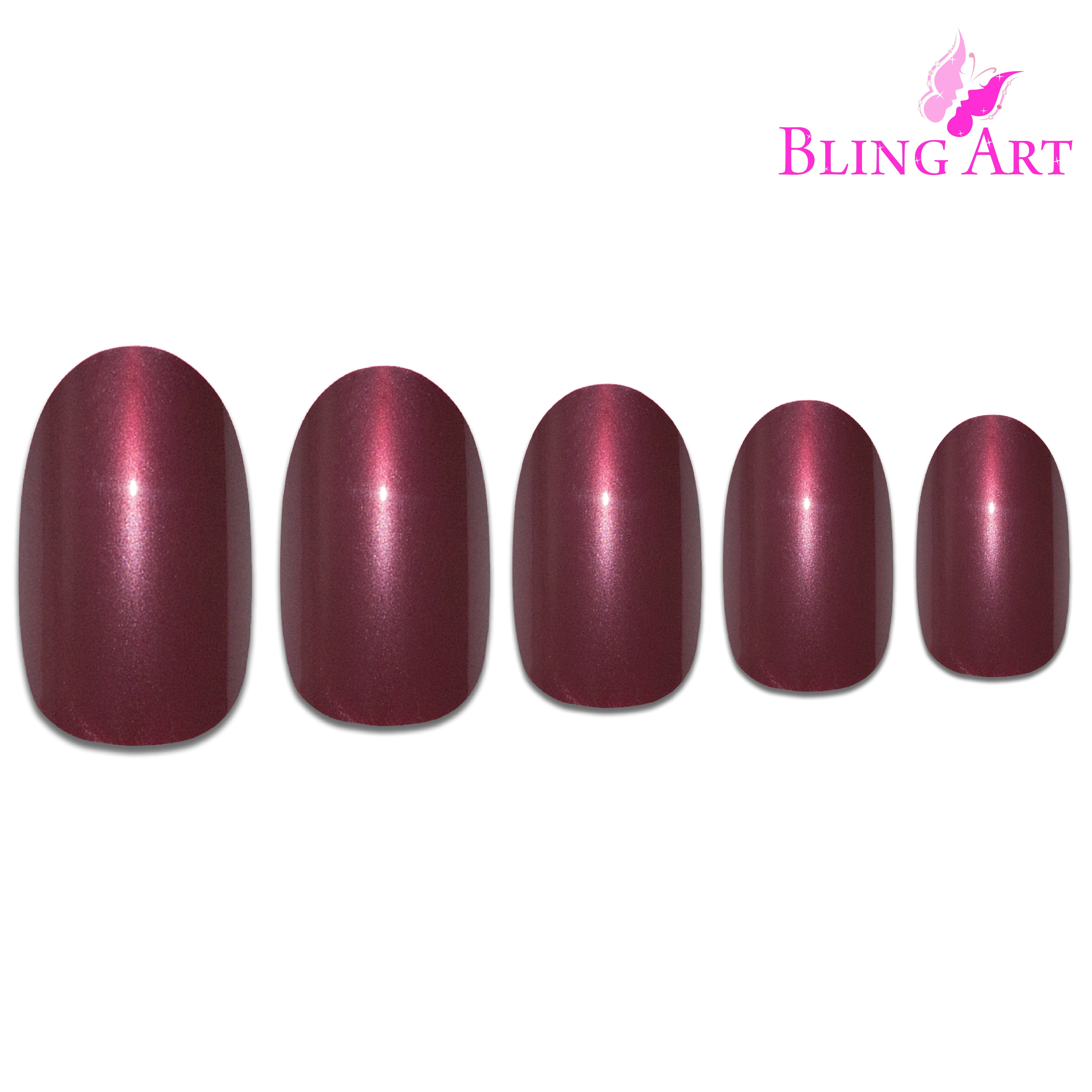Red Brown glitter oval press-on nails by Bling Art — alternative angle revealing the bond line and glitter density on the oval shape.
