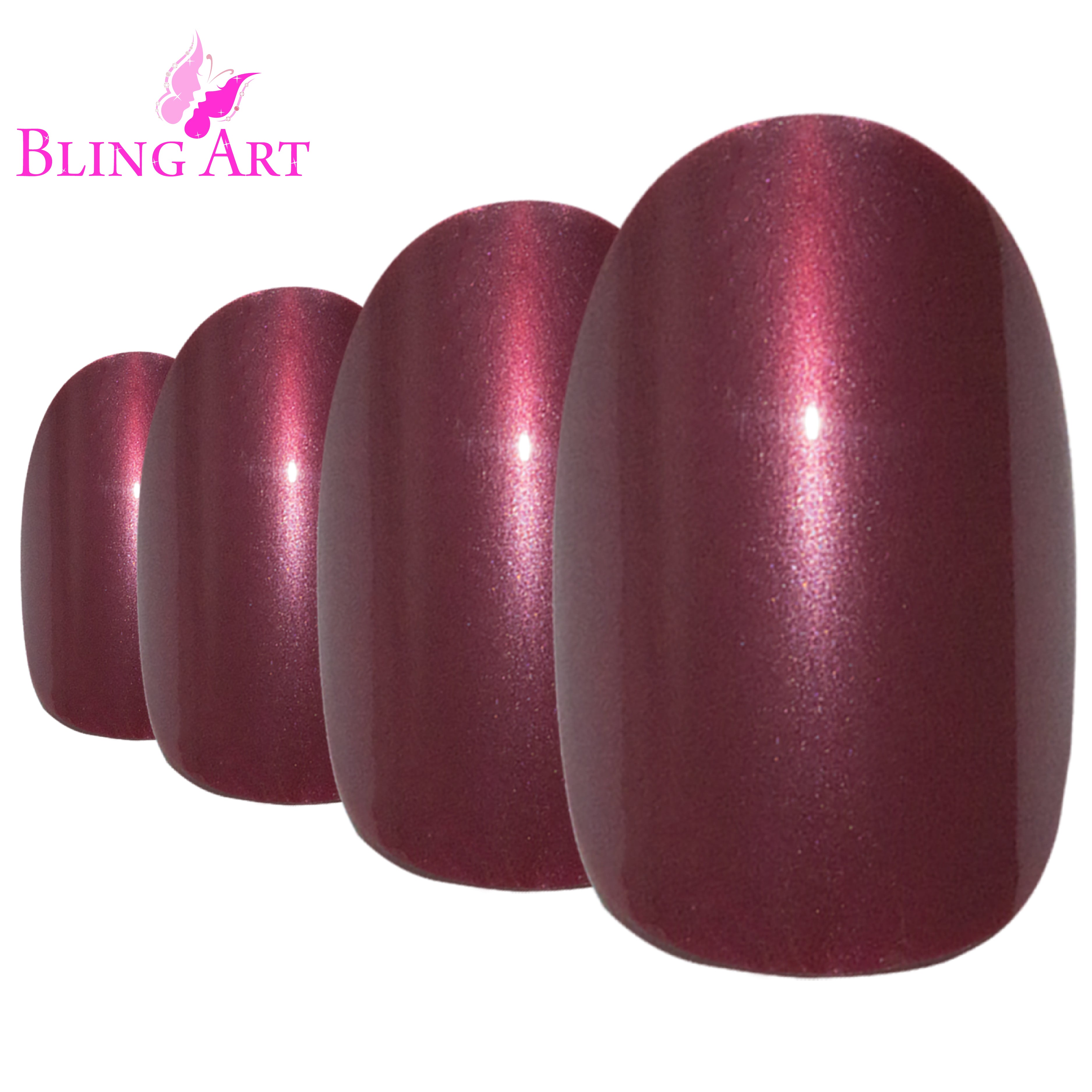 Bling Art Red Brown glitter oval press-on nail set packaging — 24 nails, 12 sizes XS-XXL, file and cuticle stick included. Glue not included.