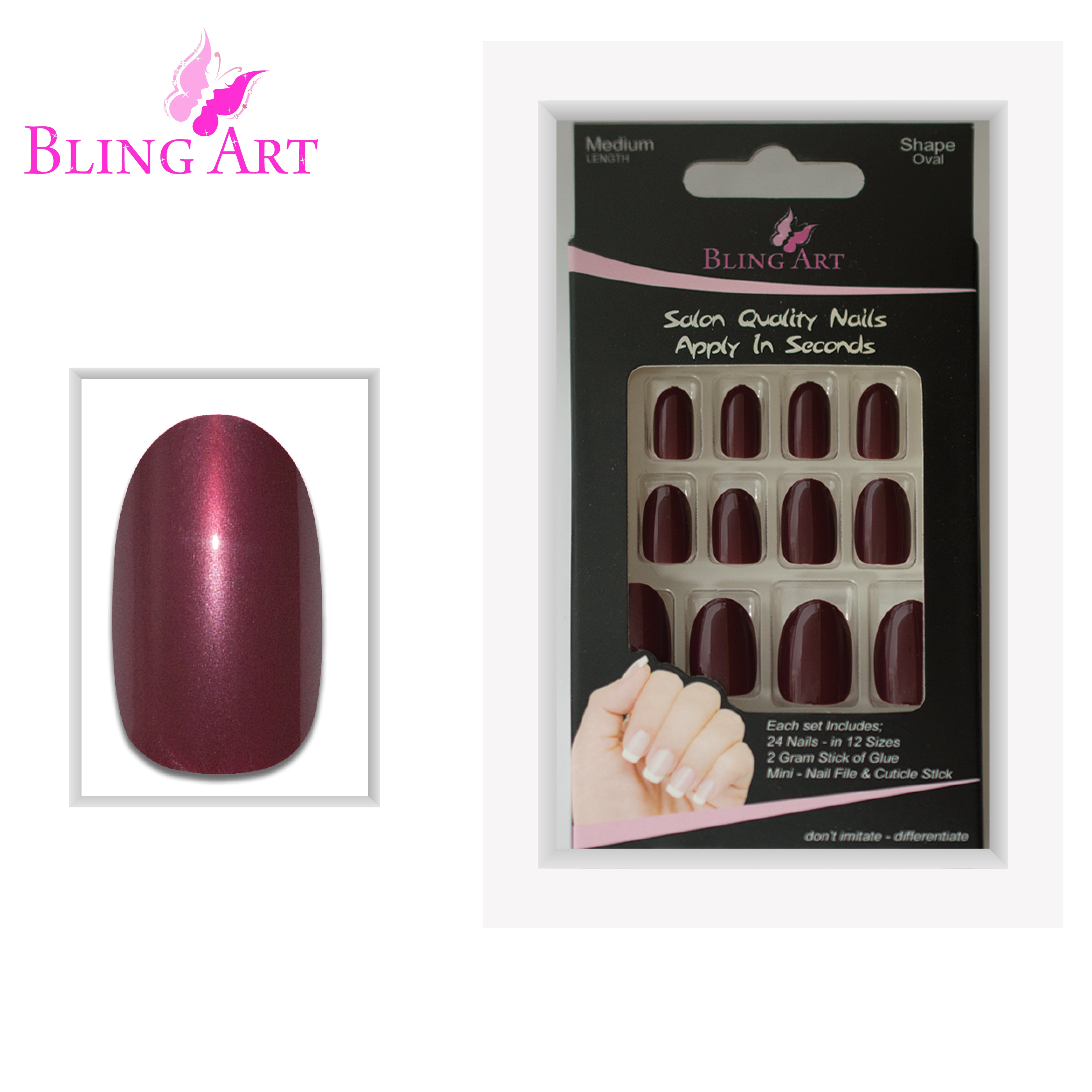 Red Brown glitter oval press-on nails by Bling Art — full-hand reveal showing all 24 nails across five fingers for autumnal events.