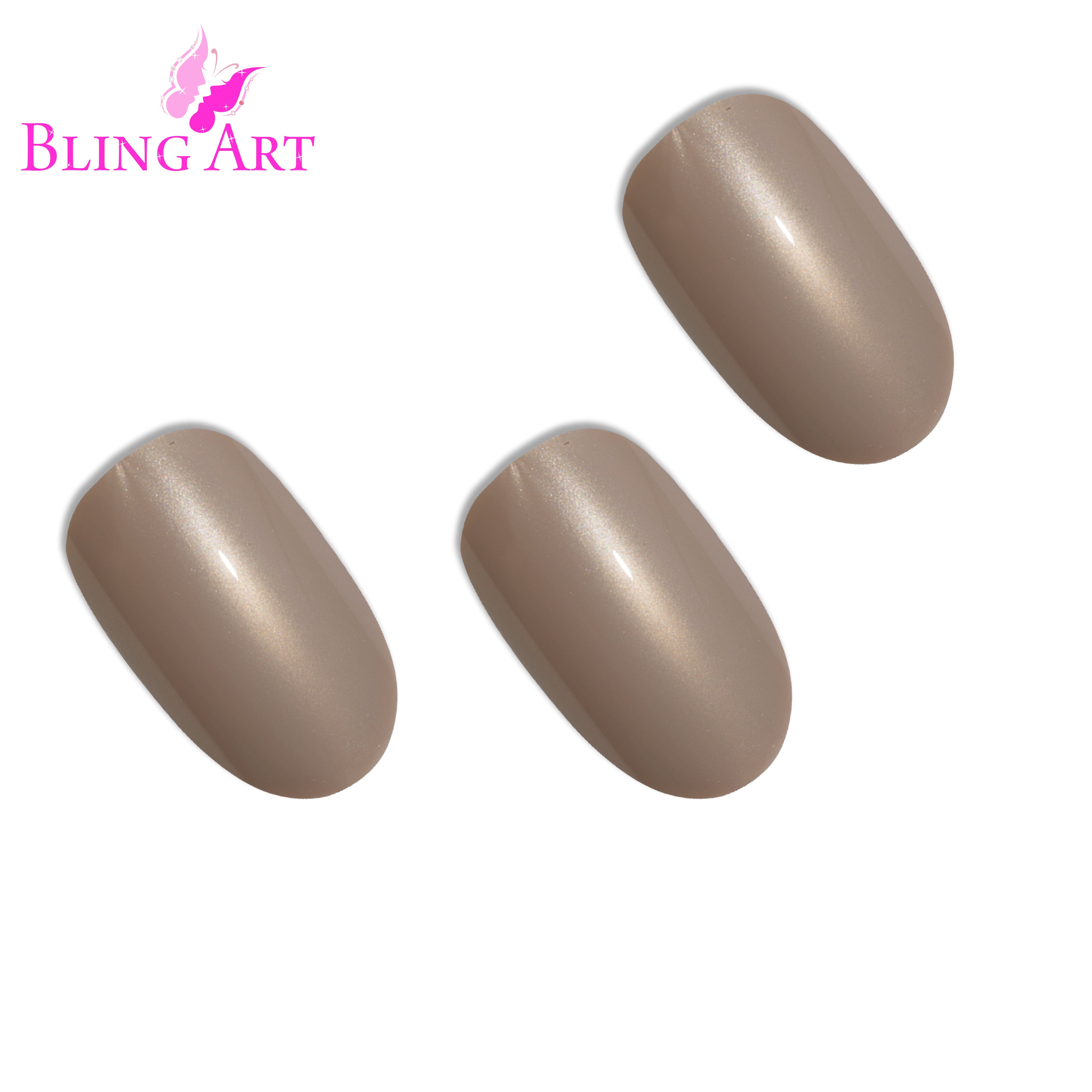 Beige glitter oval press-on nails by Bling Art — worn-hand close-up showing soft warm-beige sparkle on medium-length oval tips.