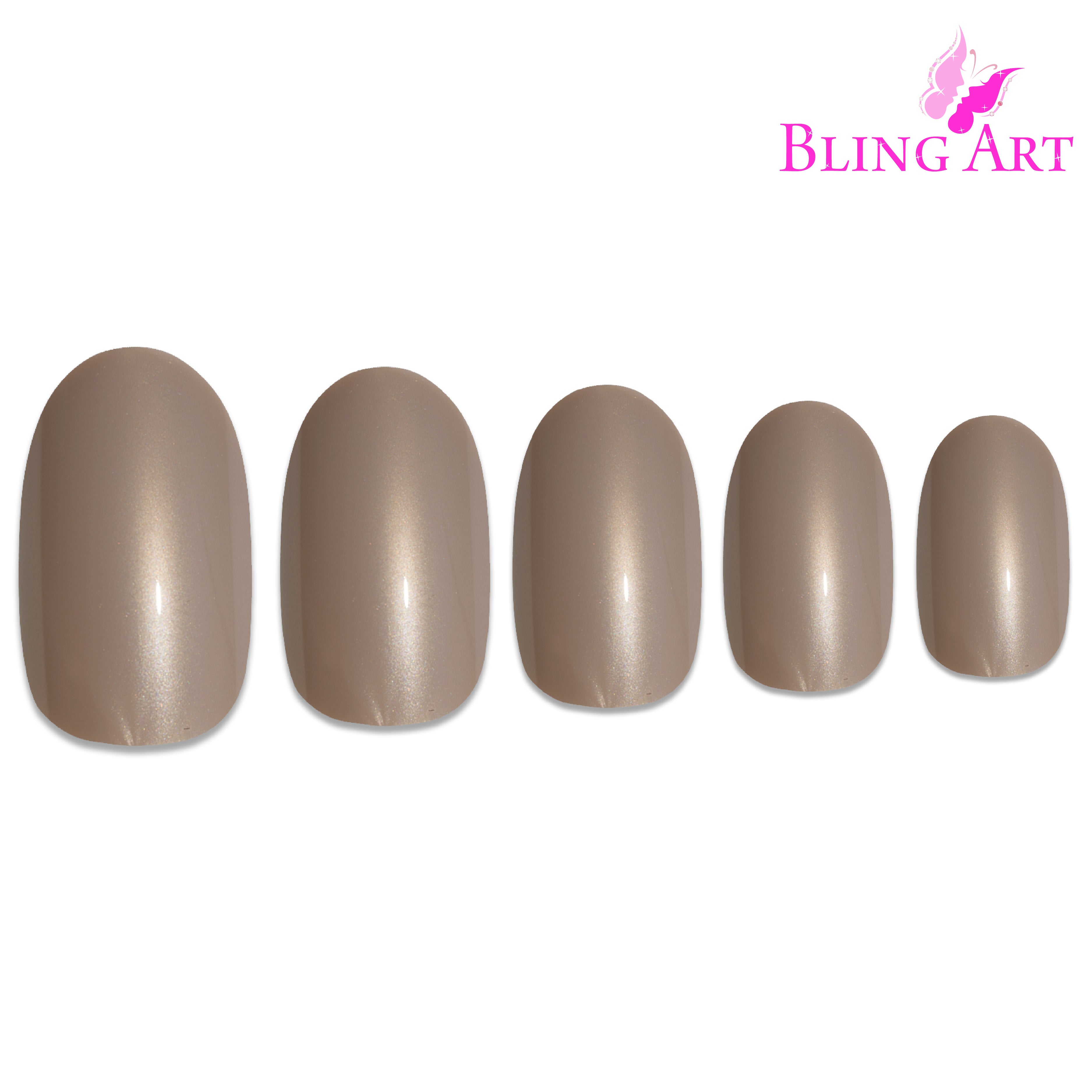 Beige glitter oval press-on nails by Bling Art — alternative angle revealing the bond line and glitter density on the oval shape.