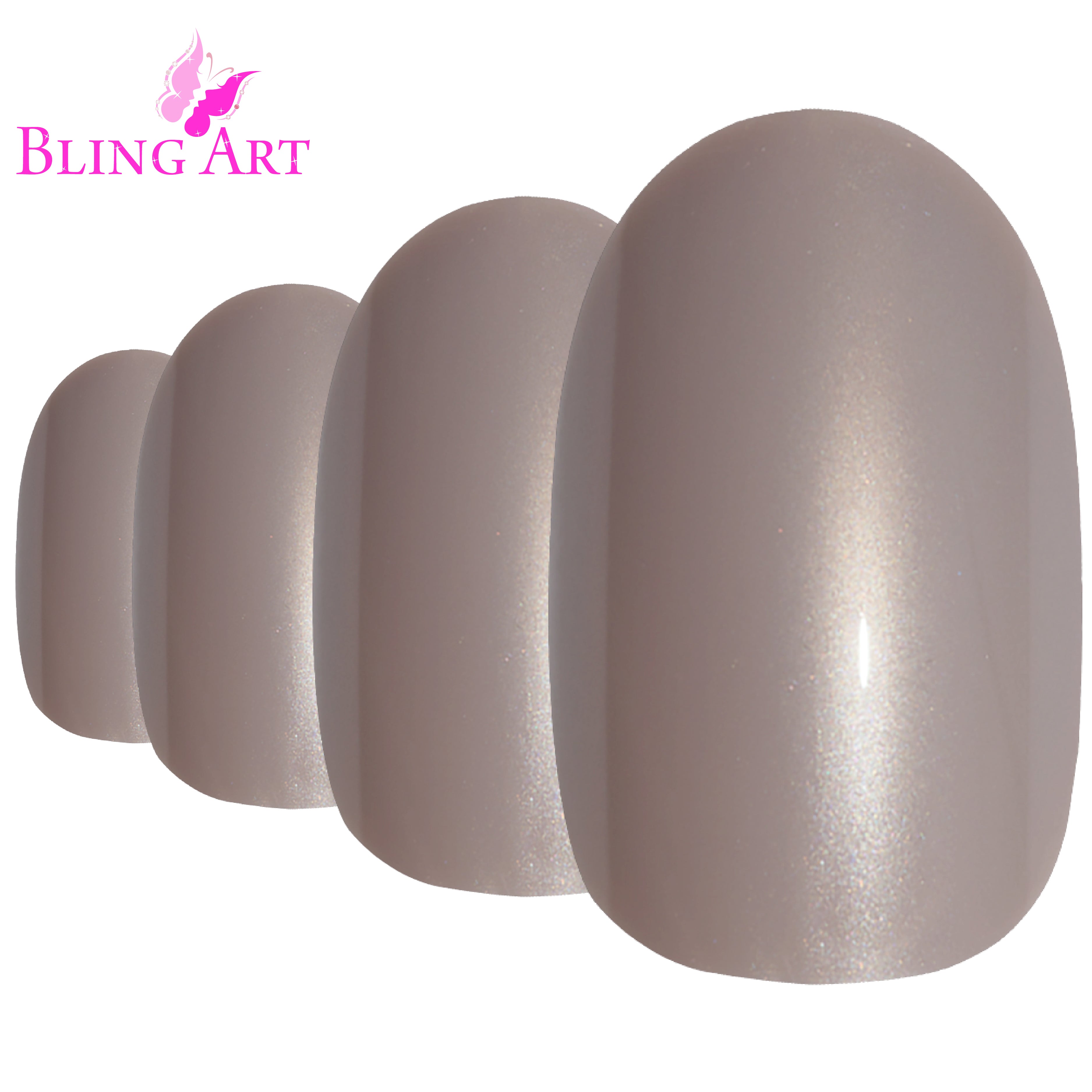 Bling Art Beige glitter oval press-on nail set packaging — 24 nails, 12 sizes XS-XXL, file and cuticle stick included. Glue not included.