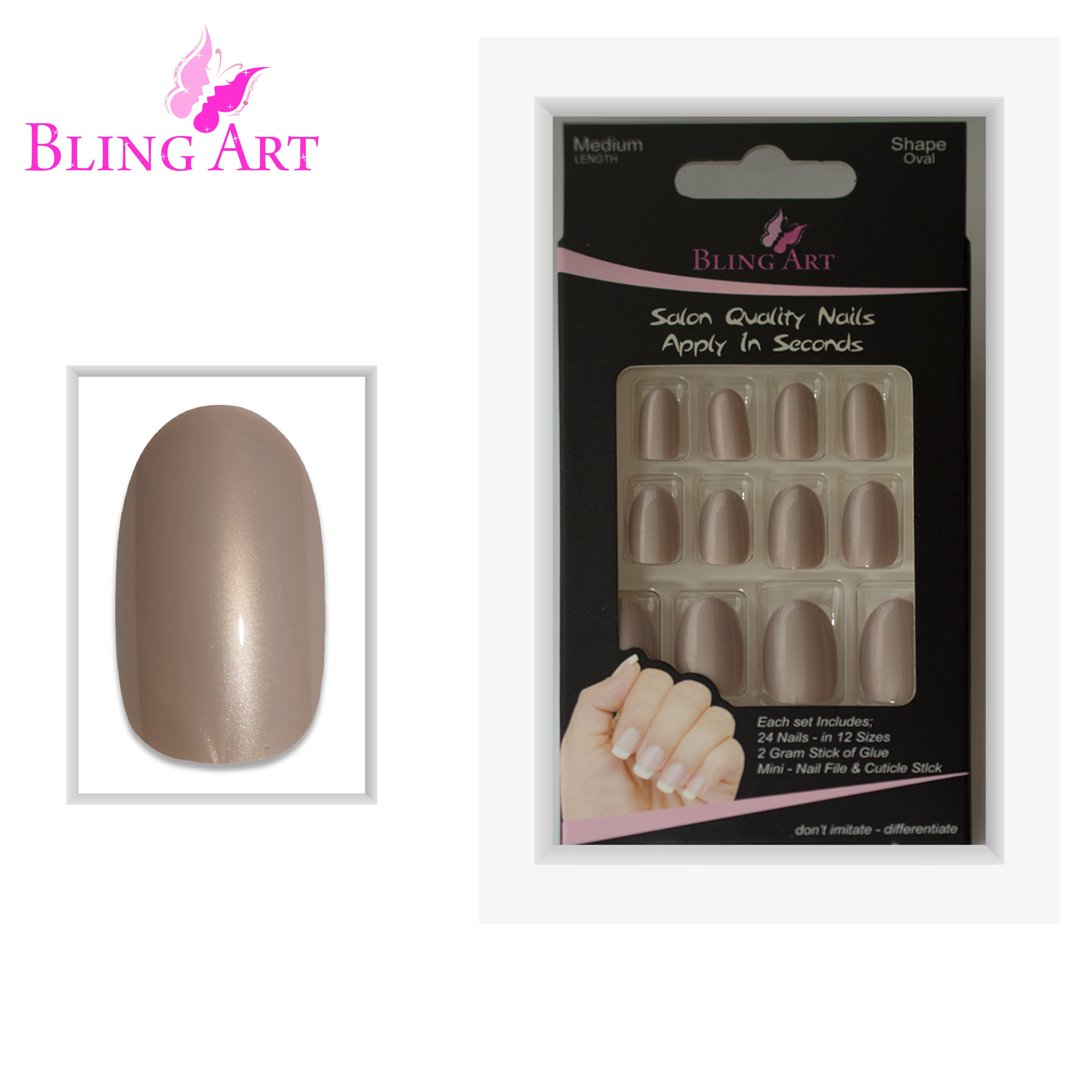 Beige glitter oval press-on nails by Bling Art — lifestyle context shot showing the soft warm-beige sparkle in romantic settings.