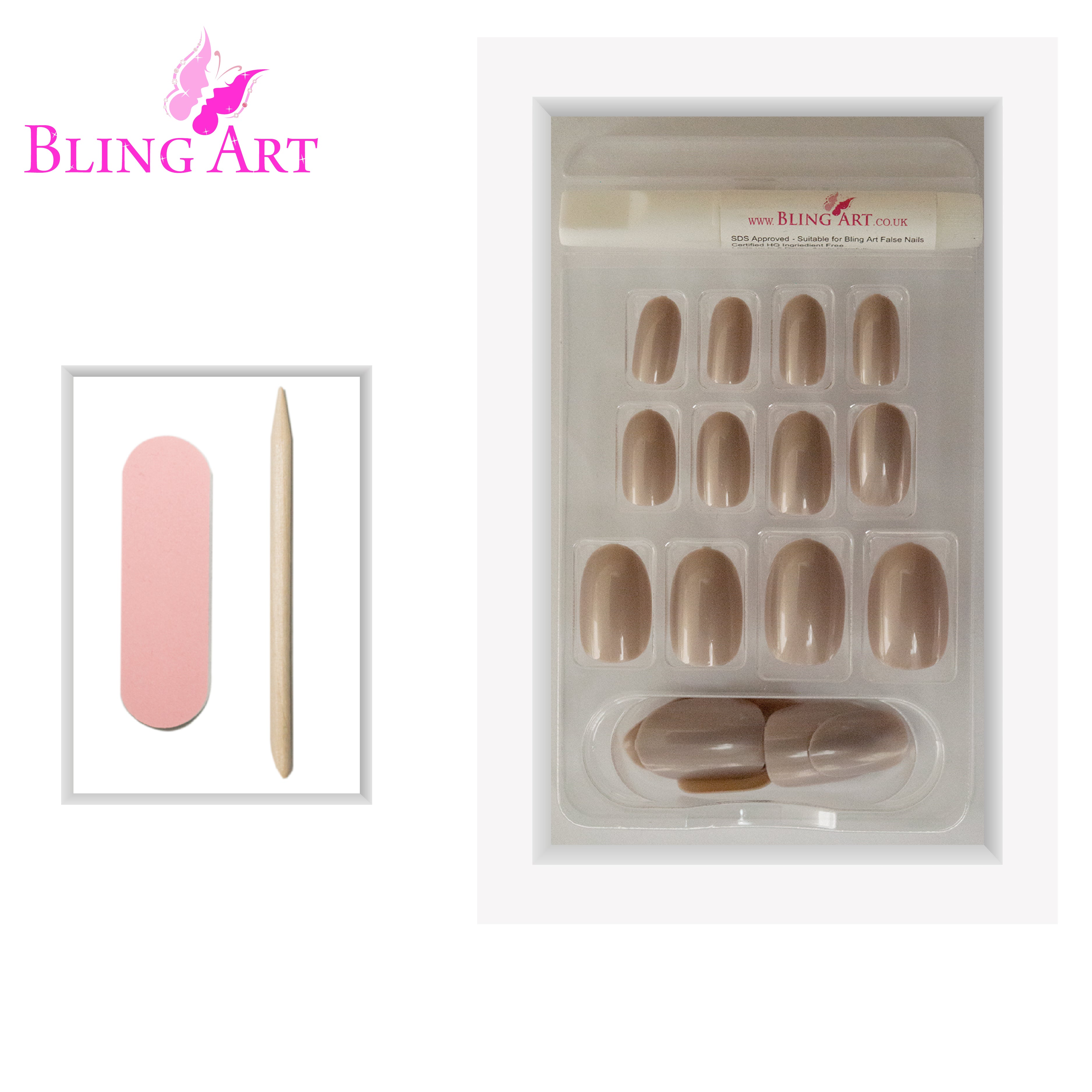Beige glitter oval press-on nails by Bling Art — full-hand reveal showing all 24 nails across five fingers for weddings and elegant evenings.