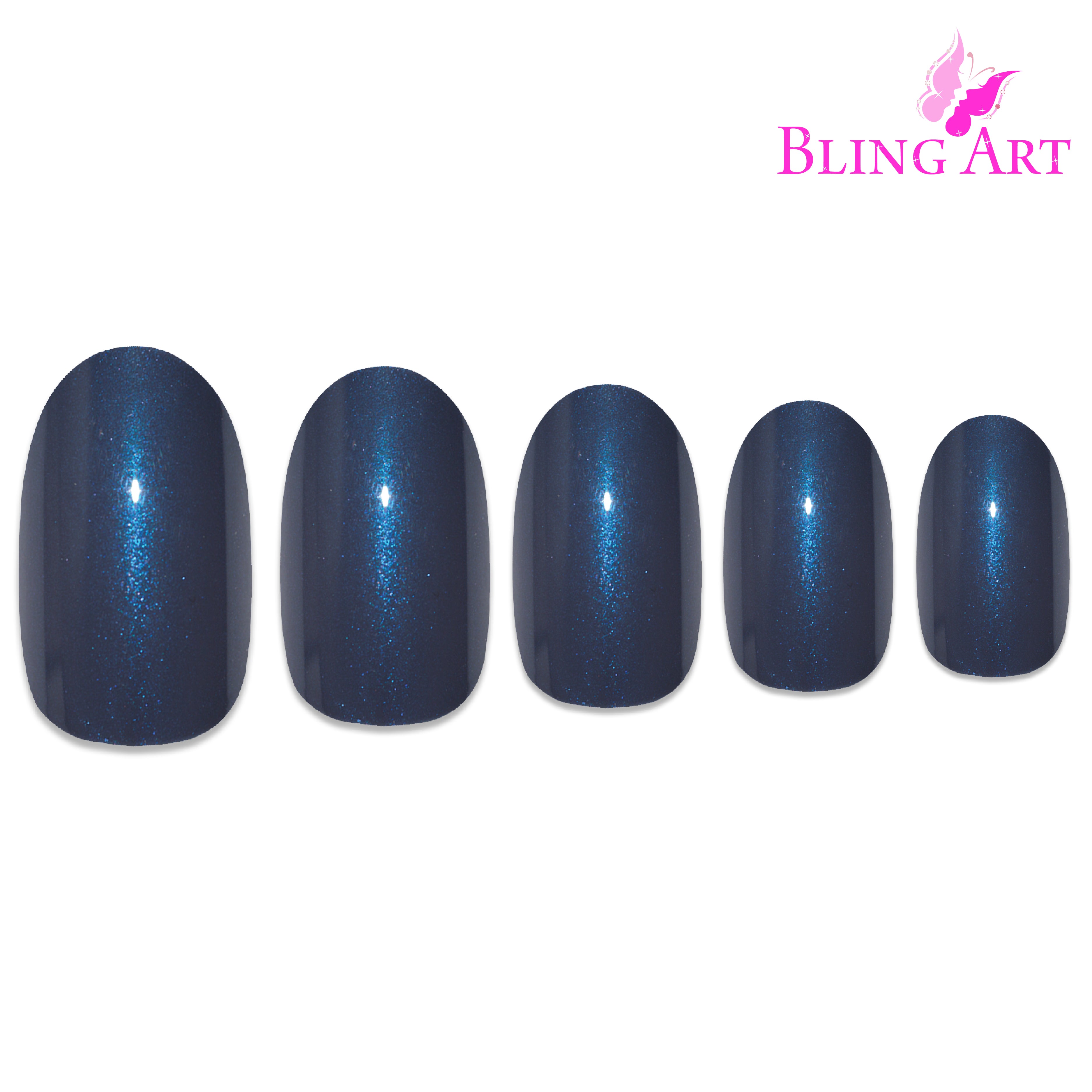 Grey glitter oval press-on nails by Bling Art — full-hand reveal showing all 24 nails across five fingers for parties and Christmas.