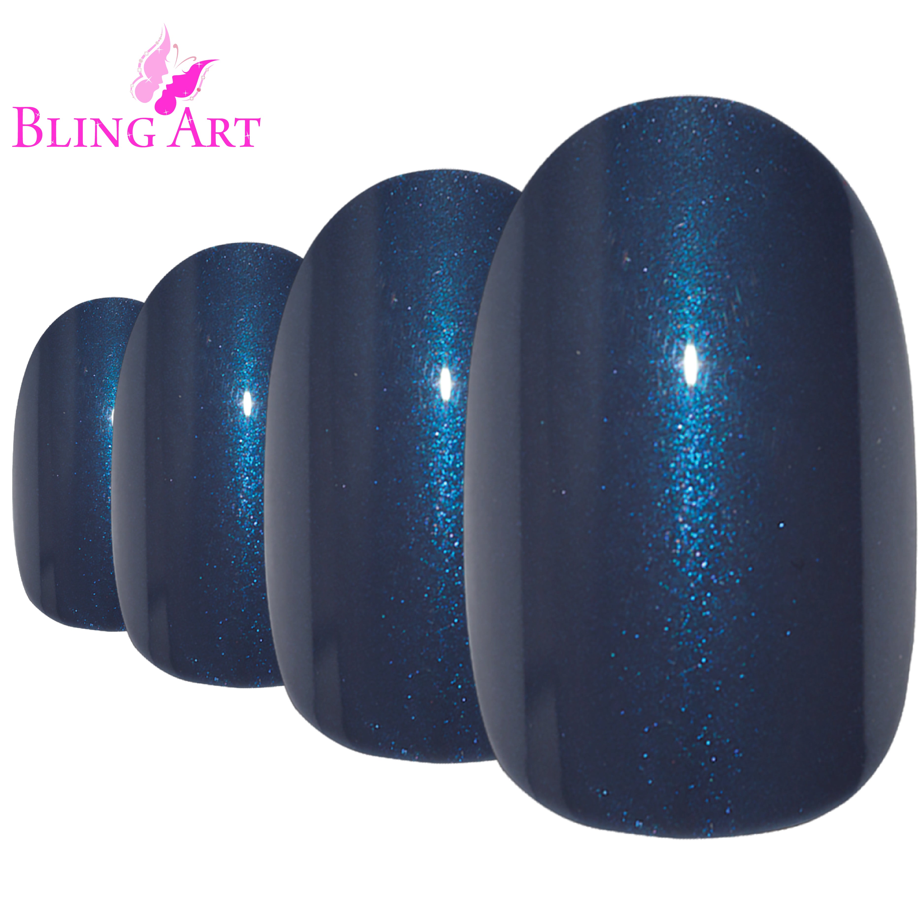 Bling Art Grey glitter oval press-on nail set packaging — 24 nails, 12 sizes XS-XXL, file and cuticle stick included. Glue not included.