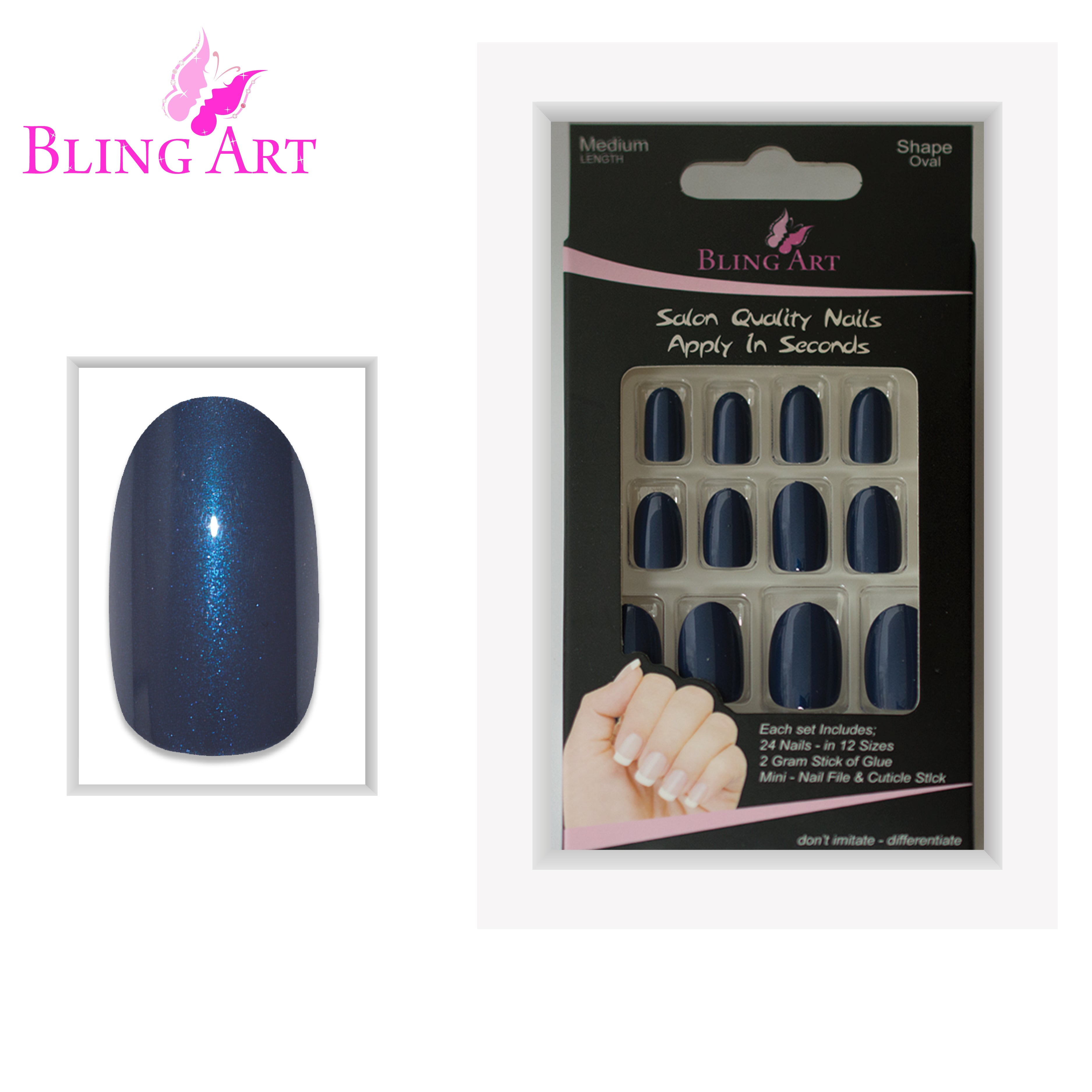 Grey glitter oval press-on nails by Bling Art — alternative angle revealing the bond line and glitter density on the oval shape.