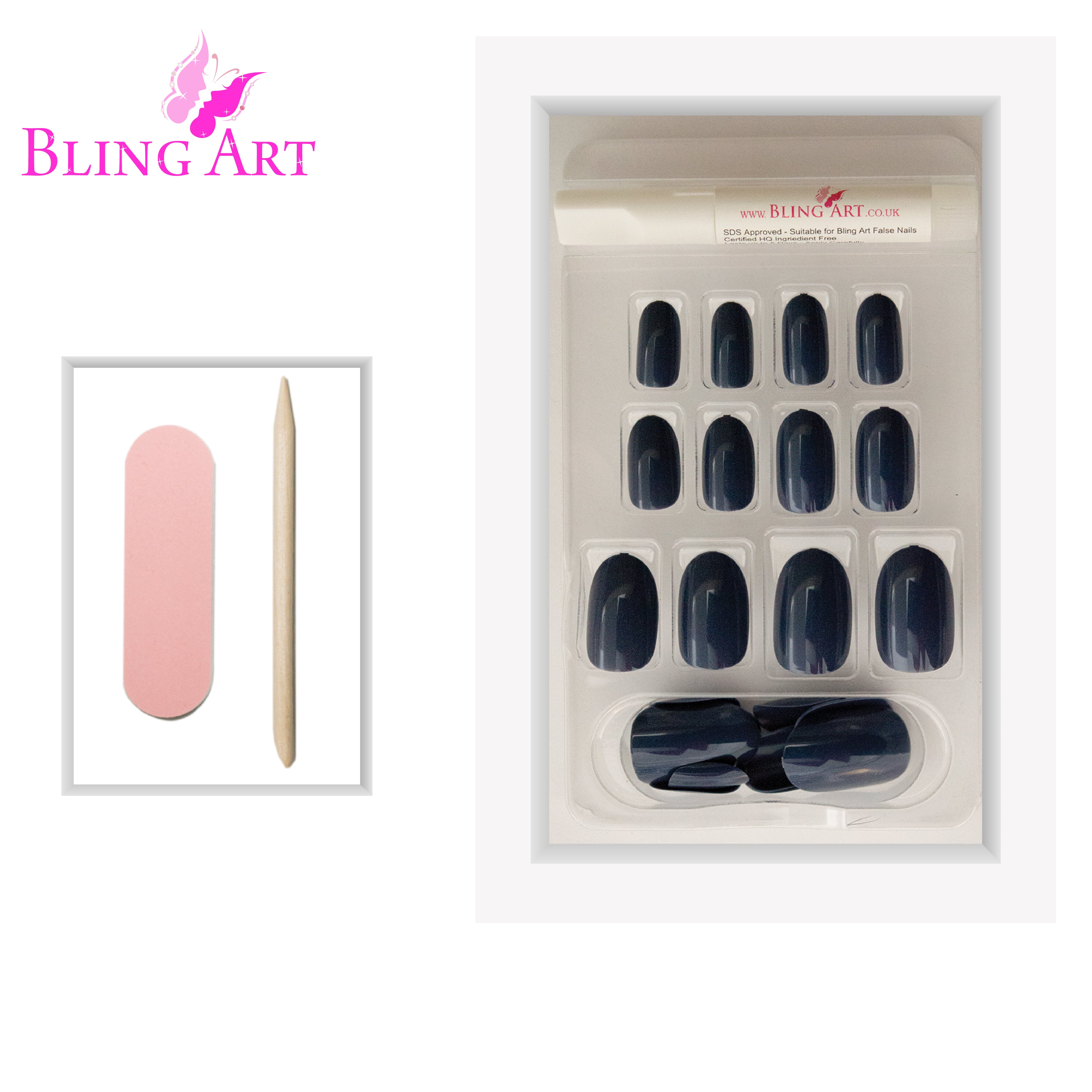 Grey glitter oval press-on nails by Bling Art — lifestyle context shot showing the cool slate-grey sparkle.